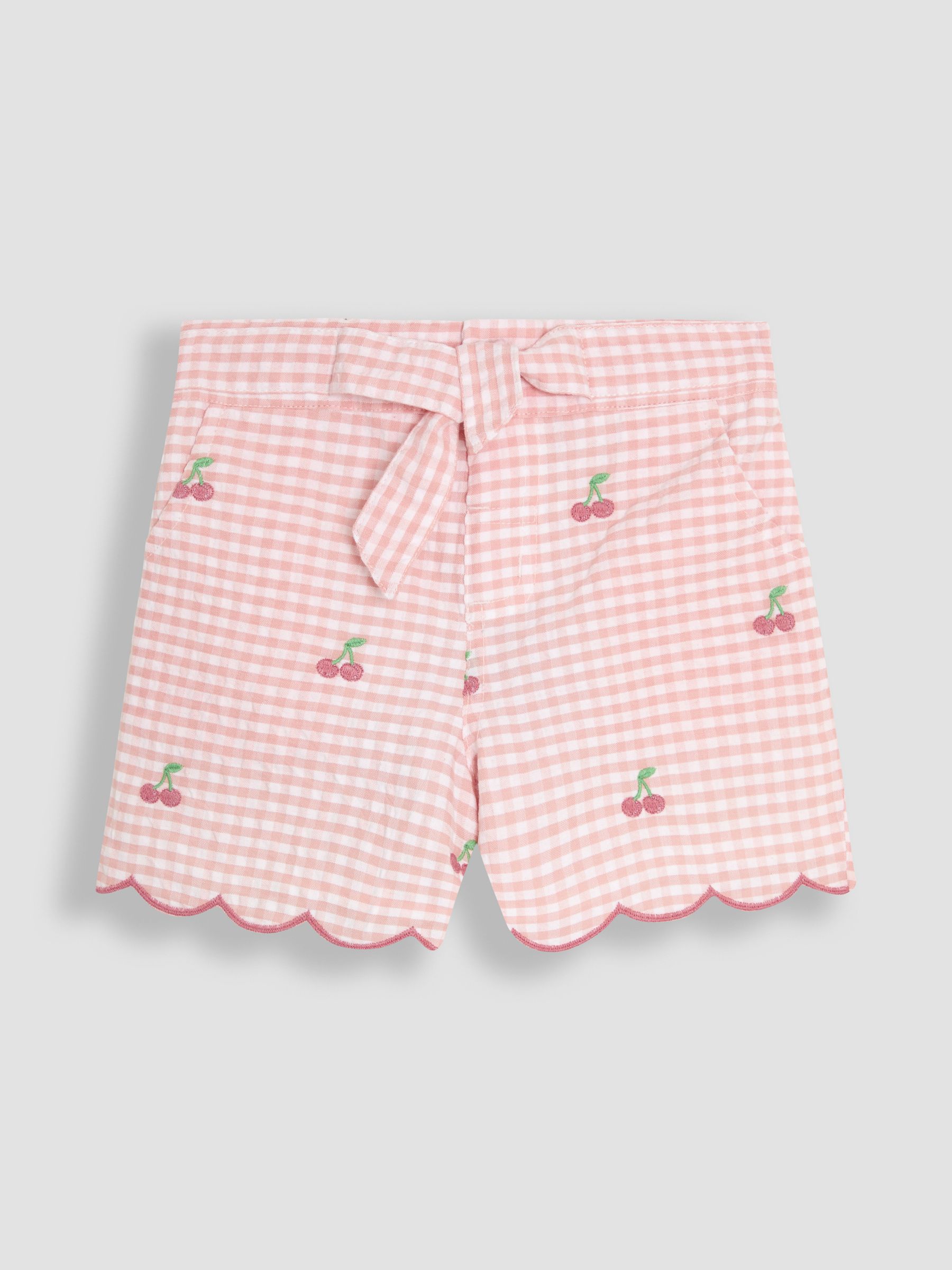 Pink Gingham Cherry Embroidered Scallop Hem 100% Cotton Shorts - Image 1 of 3