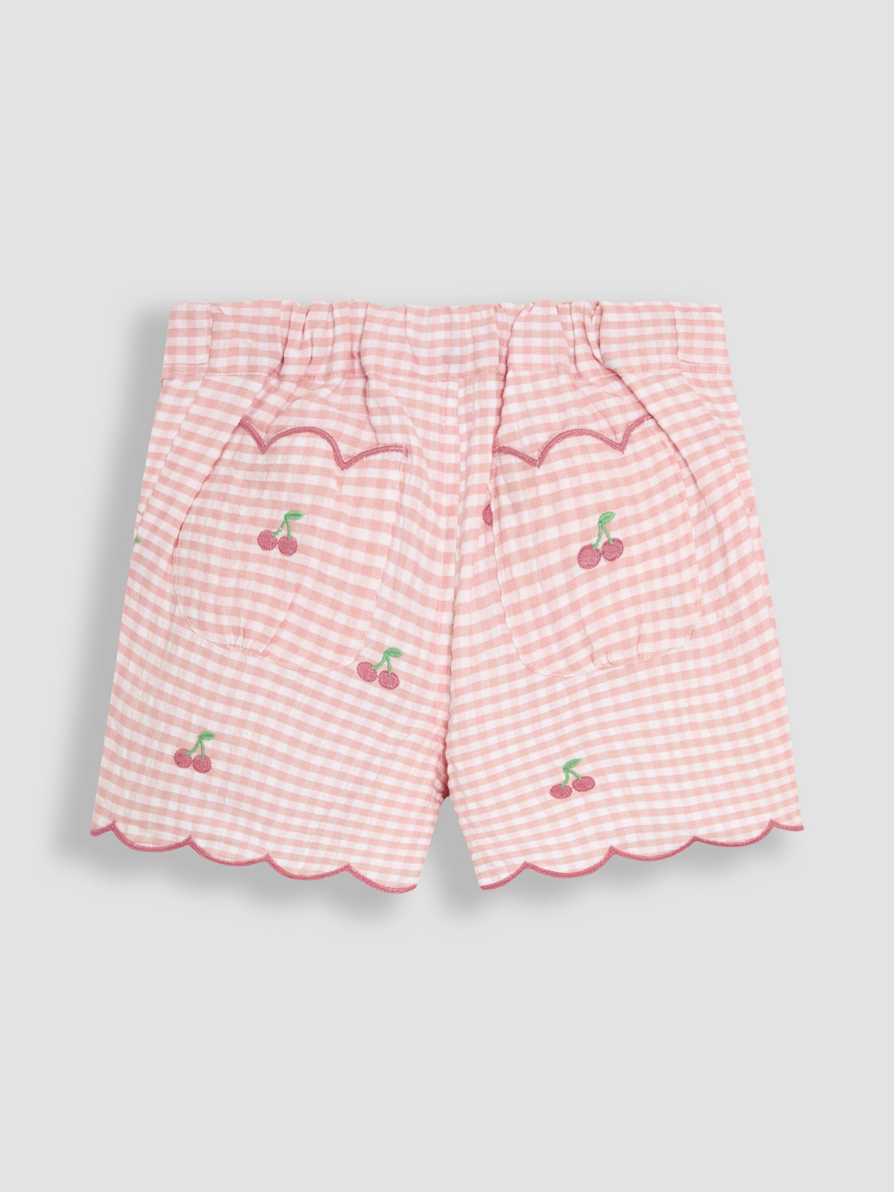 Pink Gingham Cherry Embroidered Scallop Hem 100% Cotton Shorts - Image 2 of 3