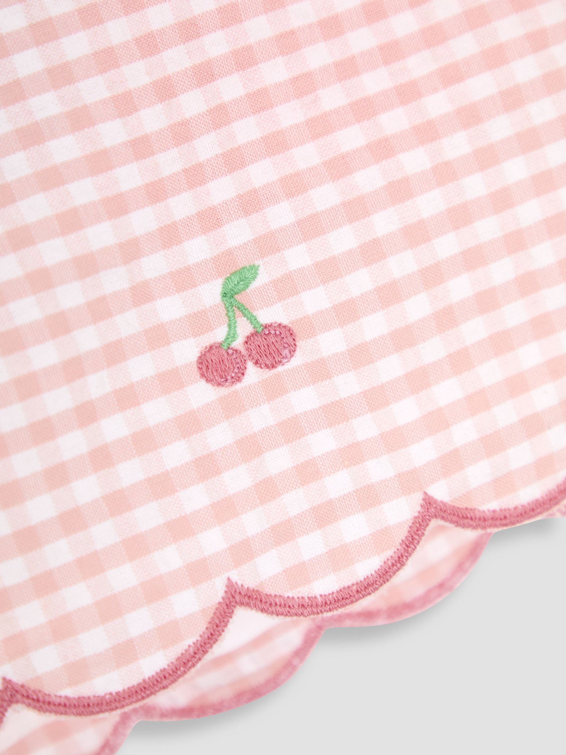 Pink Gingham Cherry Embroidered Scallop Hem 100% Cotton Shorts - Image 3 of 3