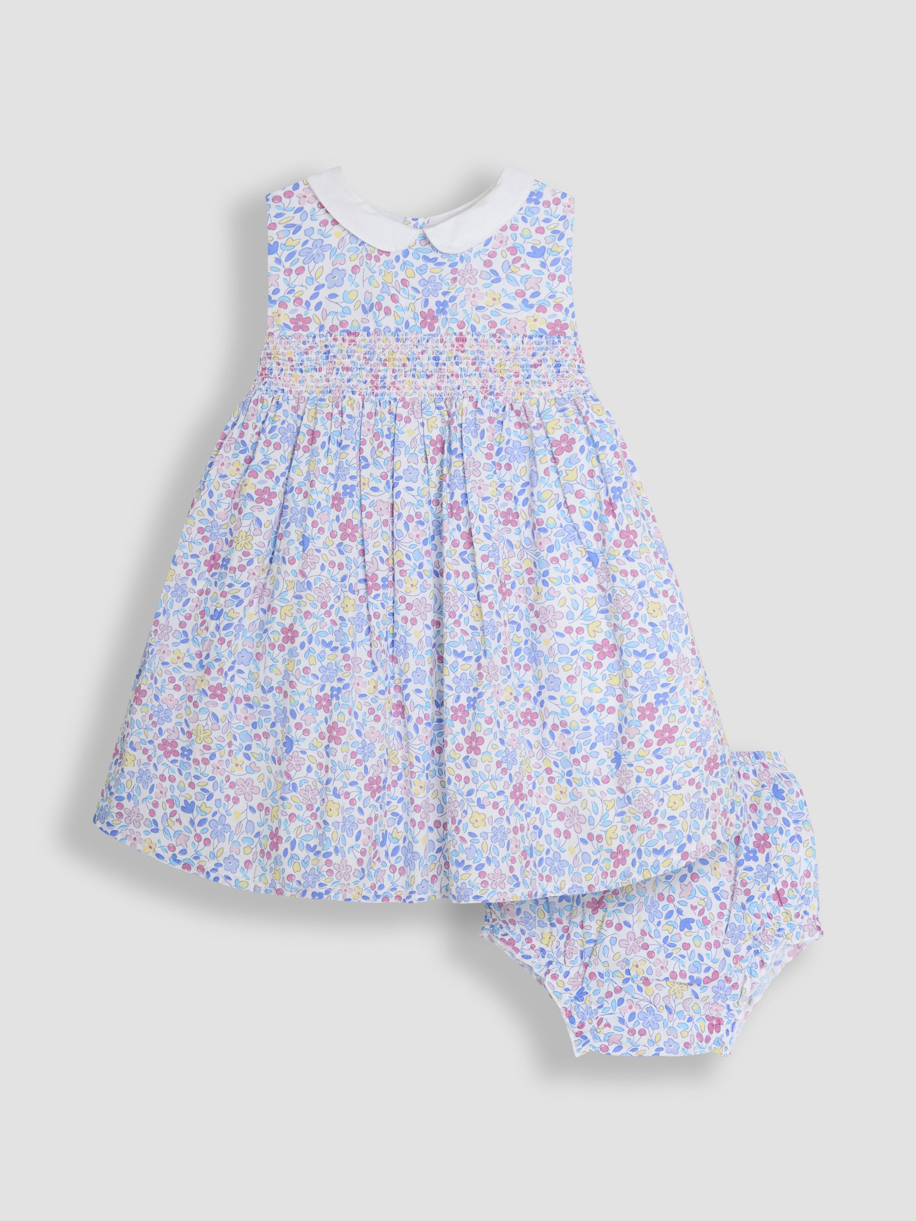 Pink Cherry Ditsy Floral Print Smocked Sleeveless Summer 100% Cotton Dress - Image 1 of 4