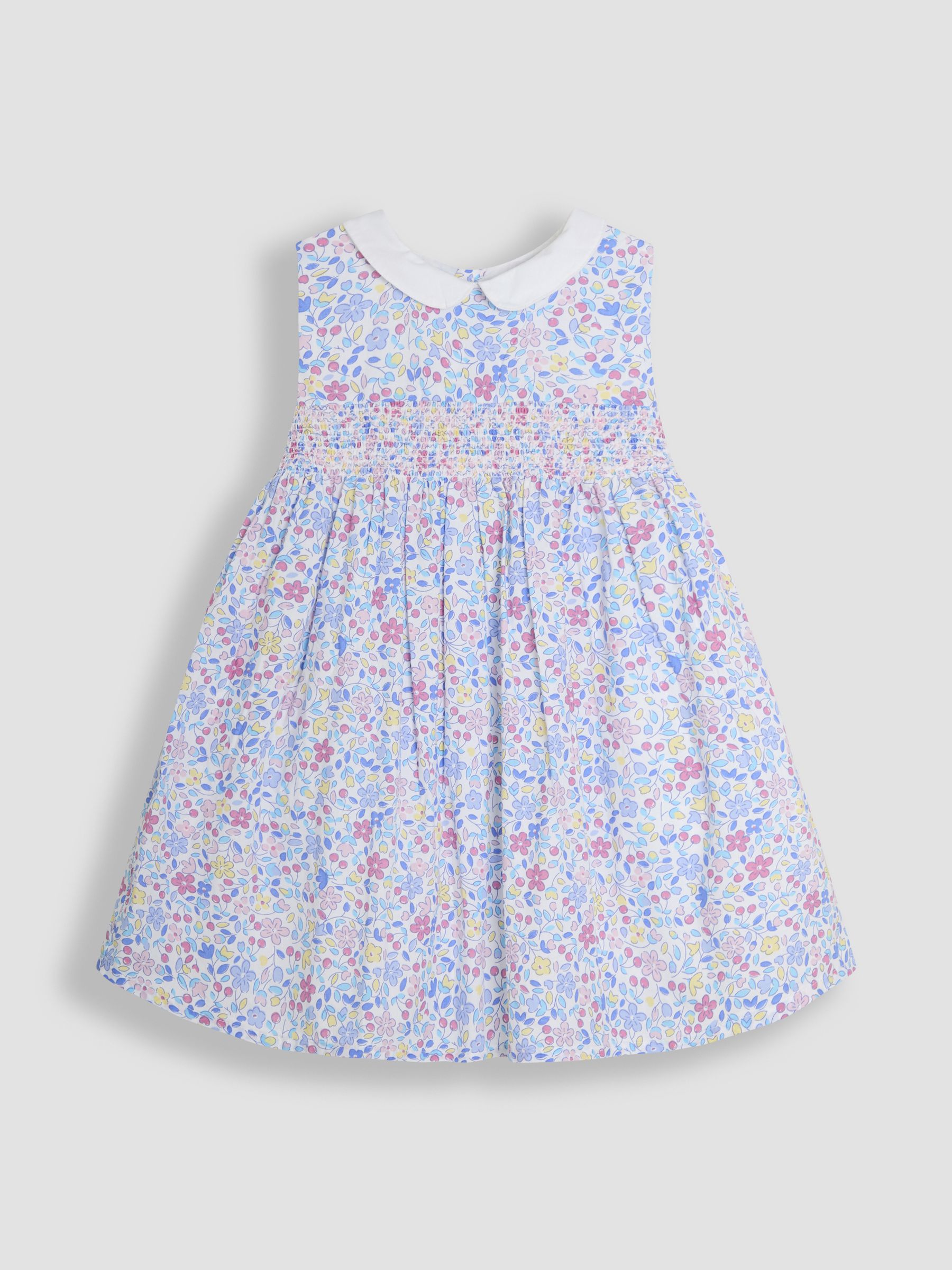Pink Cherry Ditsy Floral Print Smocked Sleeveless Summer 100% Cotton Dress - Image 2 of 4