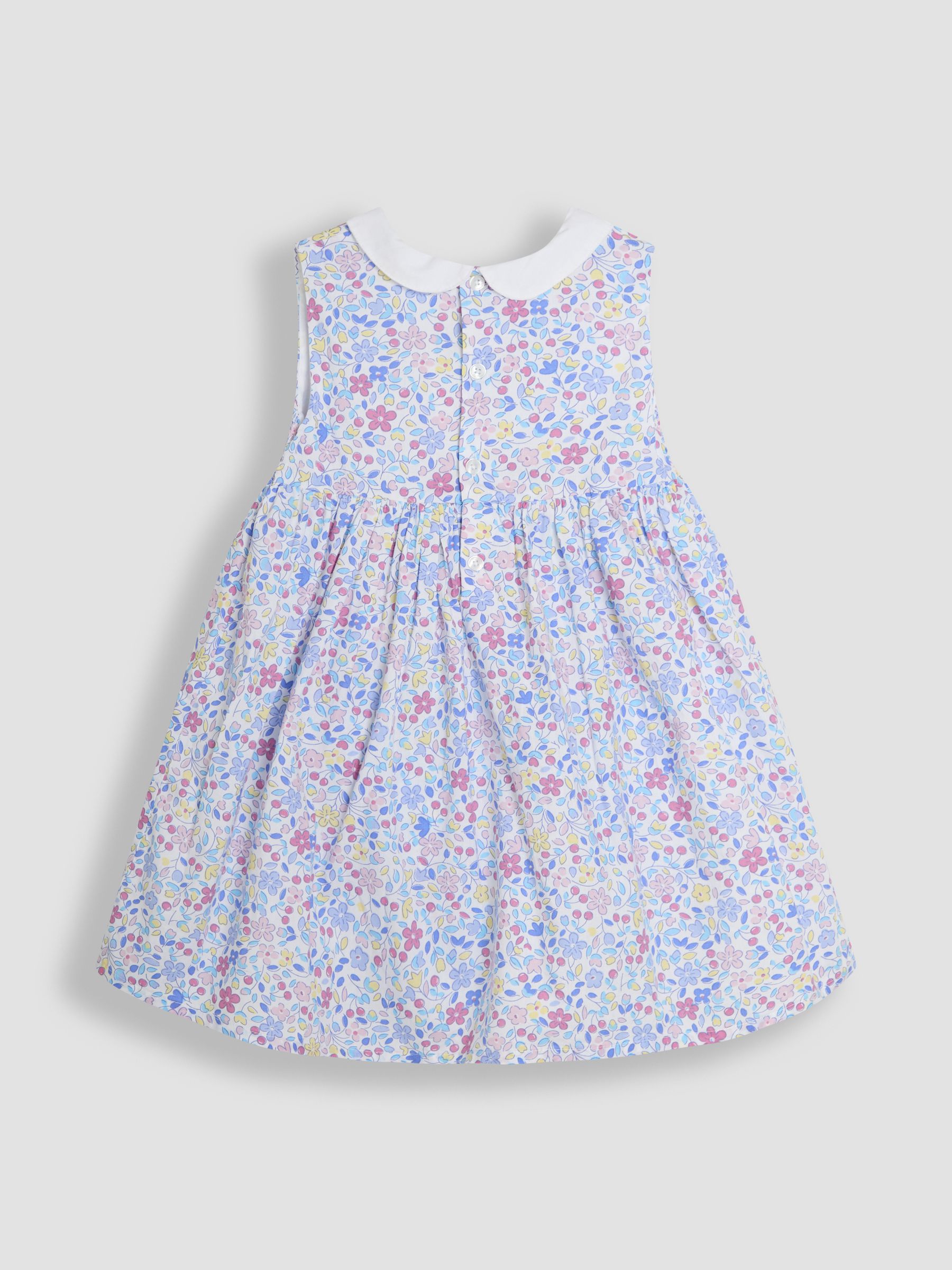 Pink Cherry Ditsy Floral Print Smocked Sleeveless Summer 100% Cotton Dress - Image 3 of 4