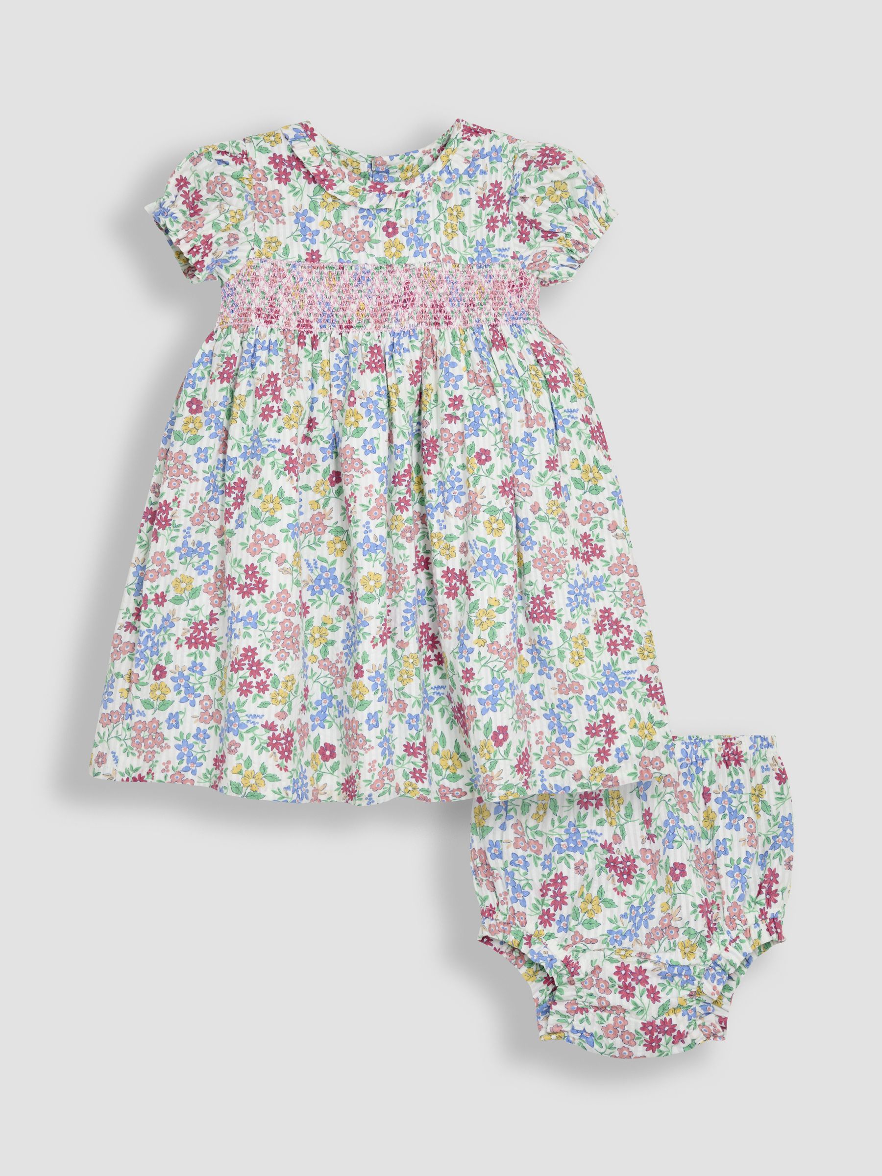 Pink & Blue Floral Smocked Woven 100% Cotton Dress - Image 1 of 5