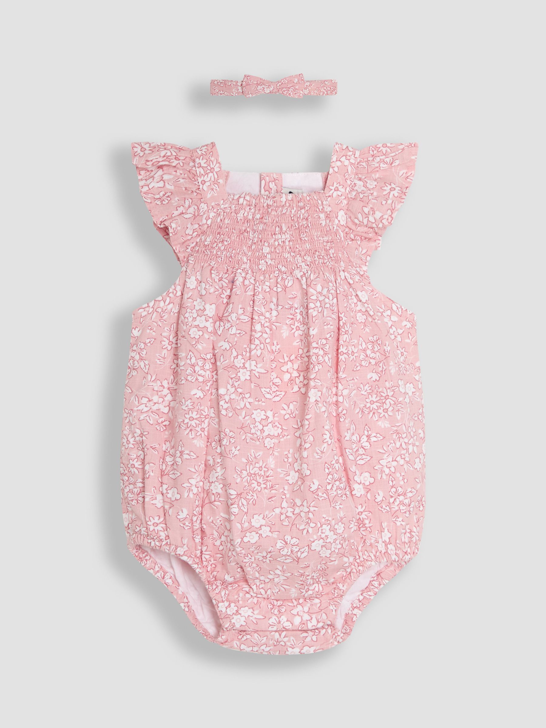 Pink Floral Smocked Bodice Romper & Headband - Image 1 of 5
