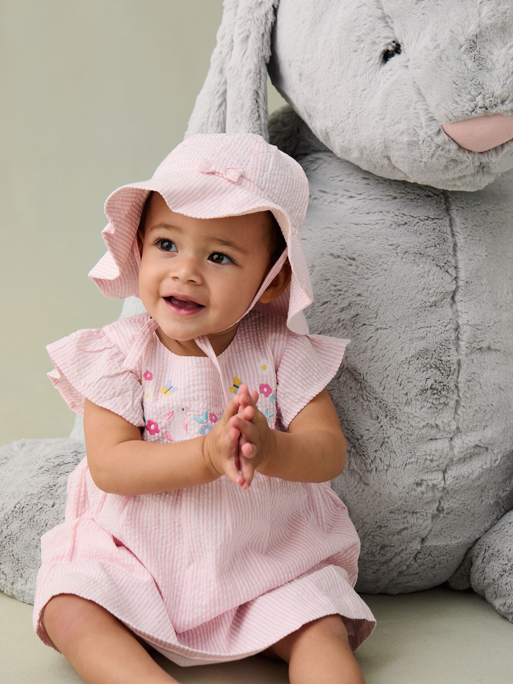 Pink Bunny Embroidered 3-Piece Frill Shoulder Baby Dress, Knicker & Hat Set - Image 2 of 8