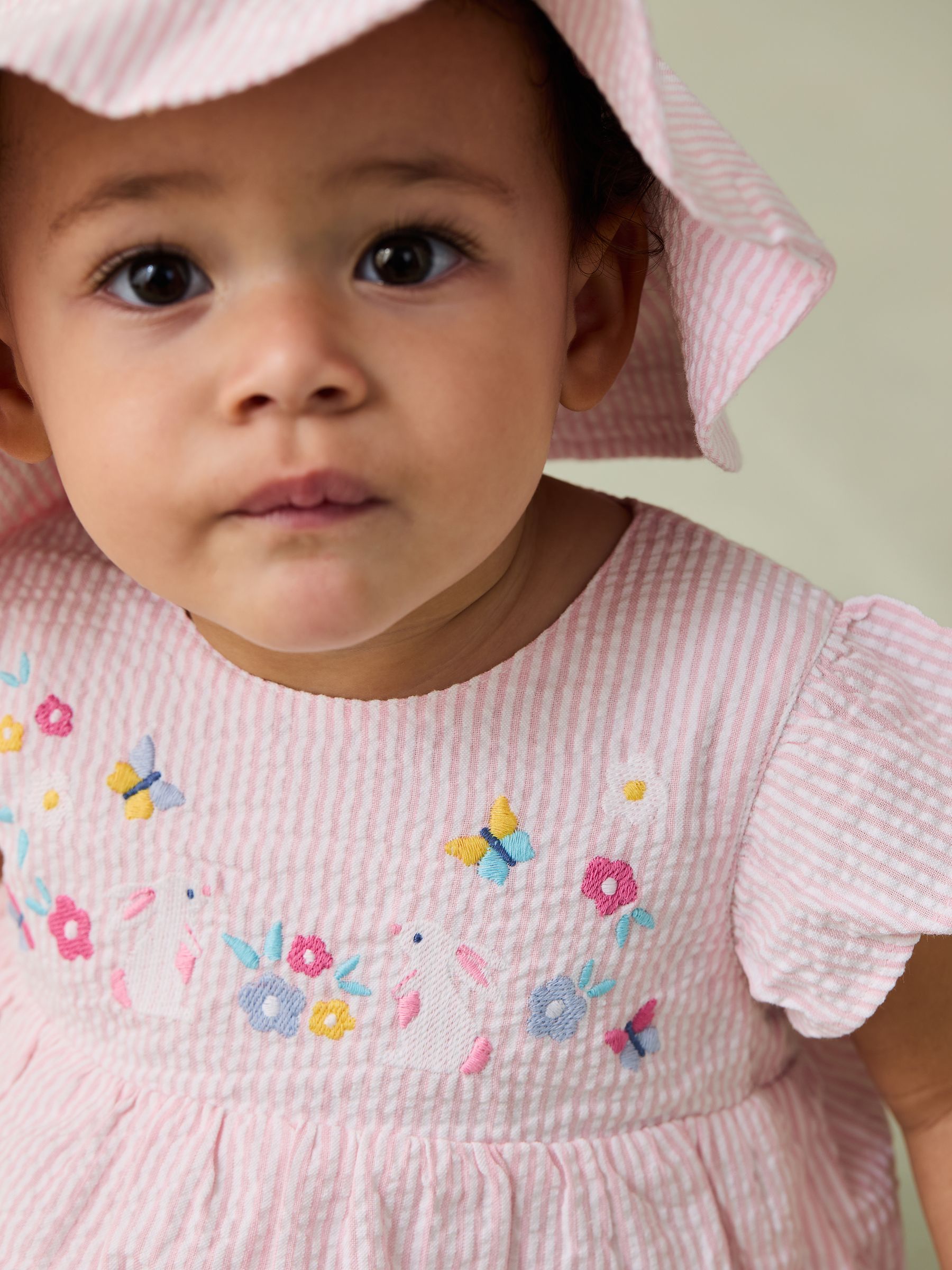 Pink Bunny Embroidered 3-Piece Frill Shoulder Baby Dress, Knicker & Hat Set - Image 3 of 8