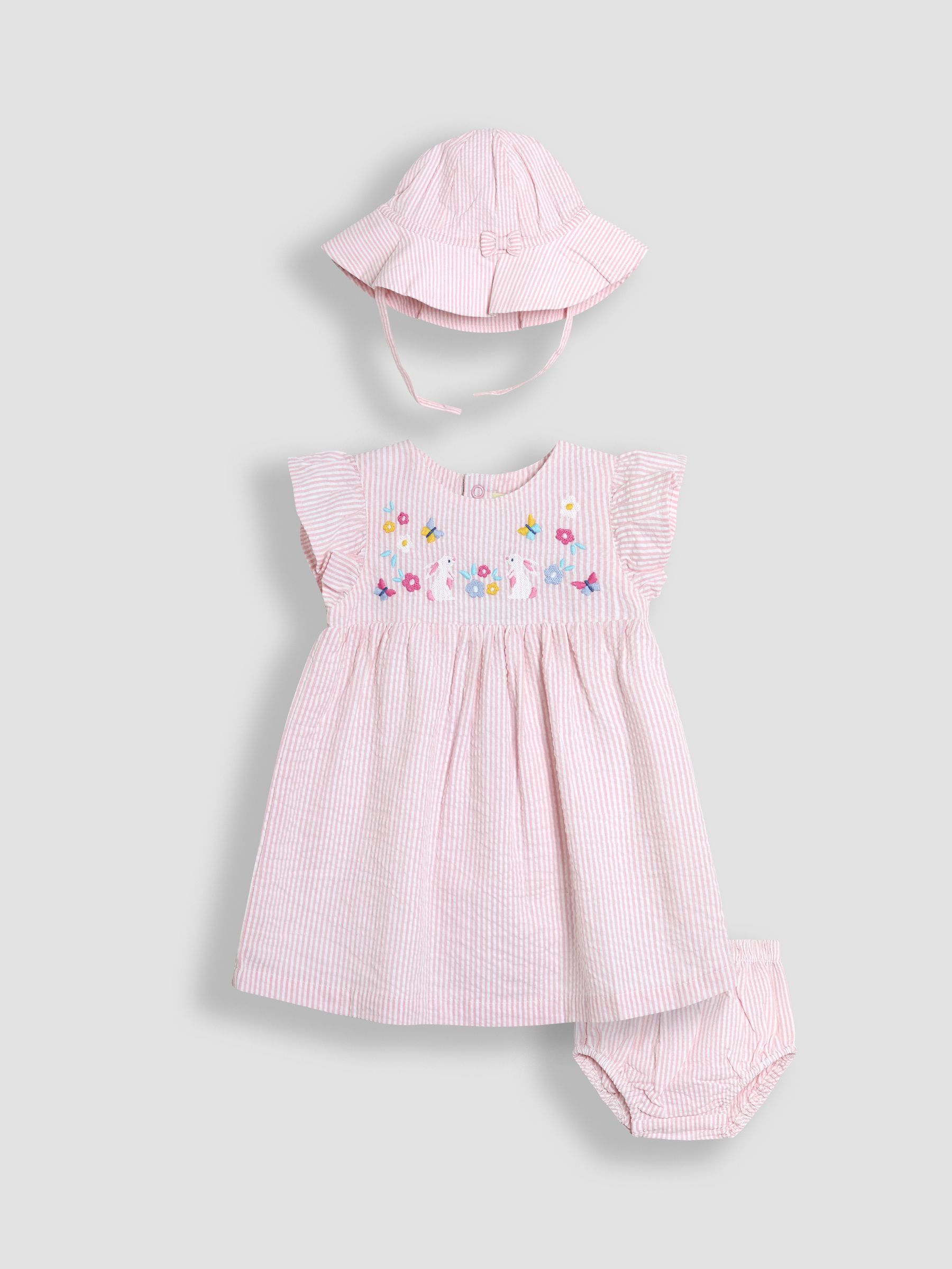 Pink Bunny Embroidered 3-Piece Frill Shoulder Baby Dress, Knicker & Hat Set - Image 4 of 8