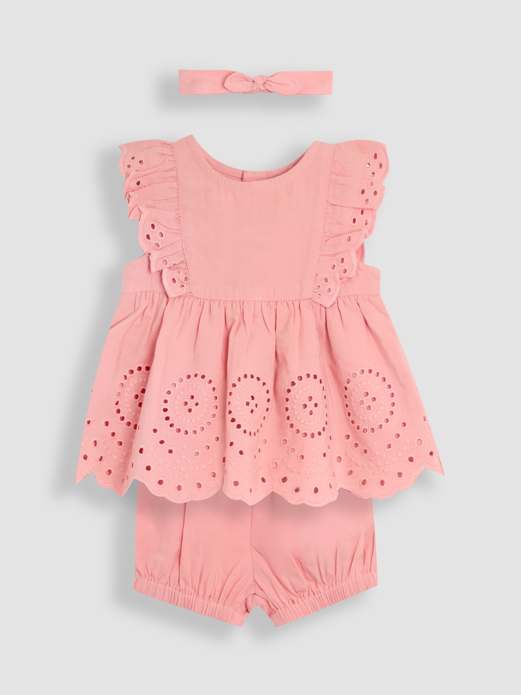 Pink Broderie Ruffle Sleeve Dress 100% Cotton Bloomers and Headband Set 3 Piece - Image 1 of 6