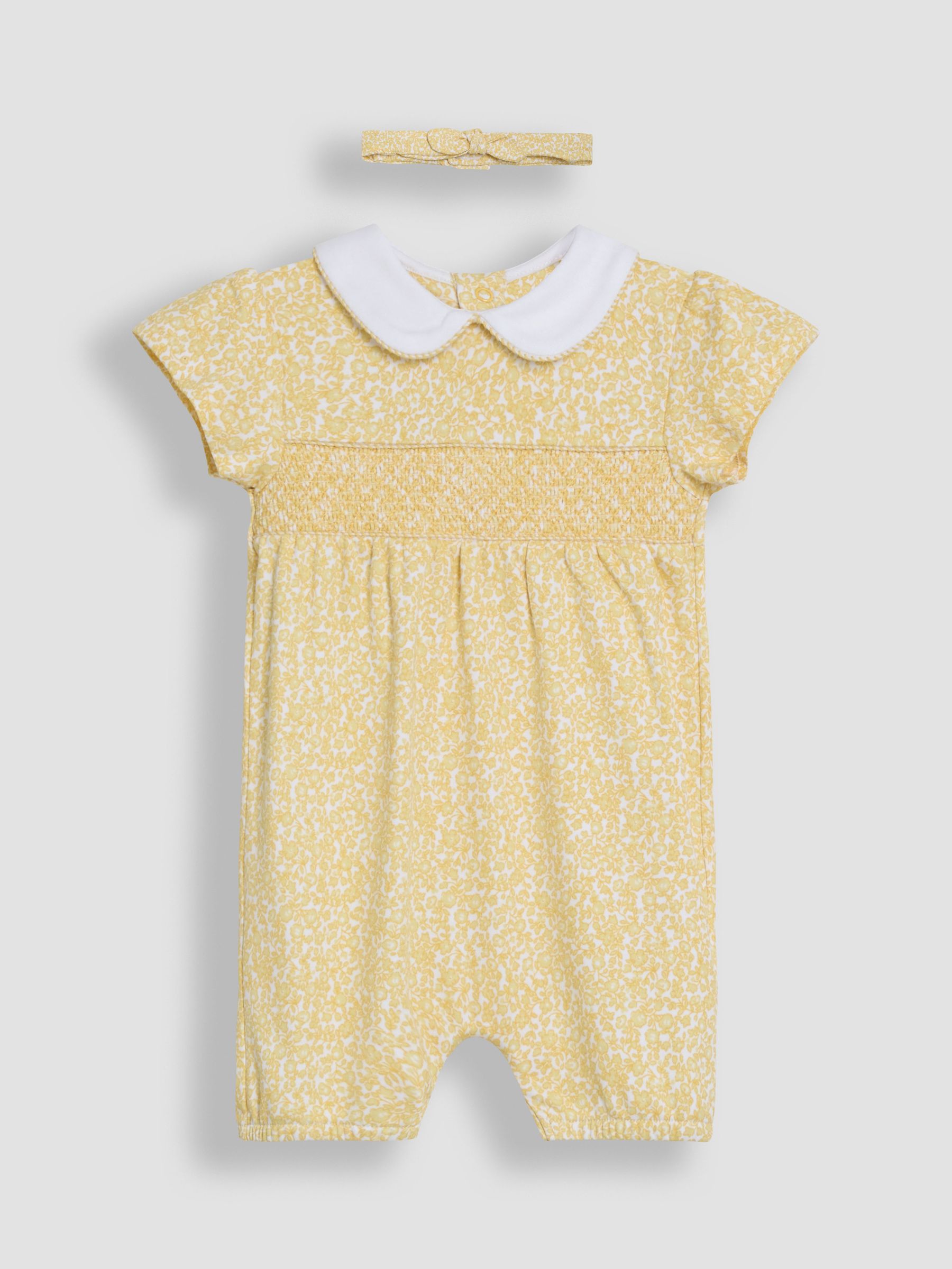 Yellow Floral Print Smocked Romper and Headband Set - Image 1 of 4
