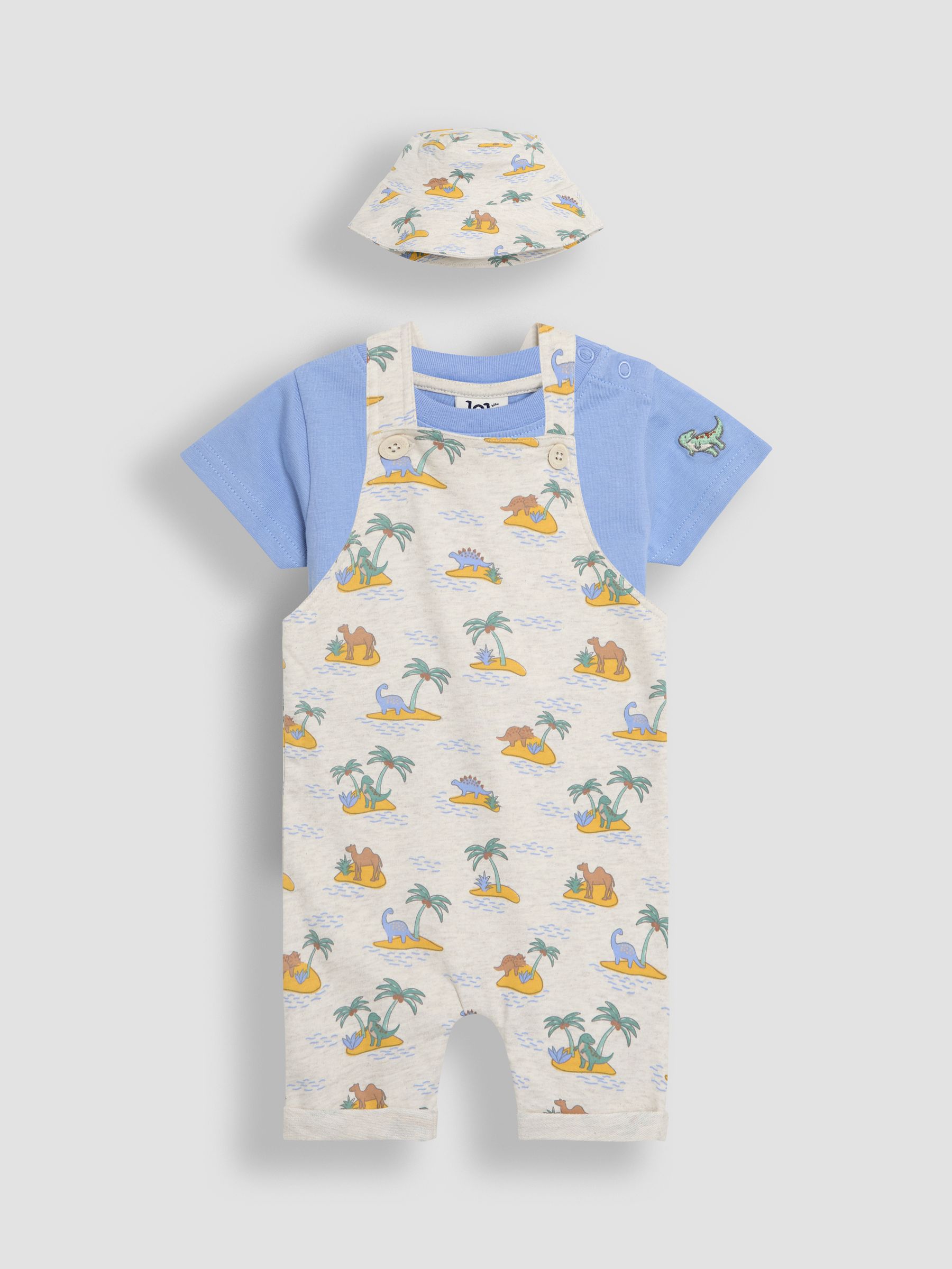 Natural 100% Cotton Dino Dungarees T-Shirt Set with Hat Piece