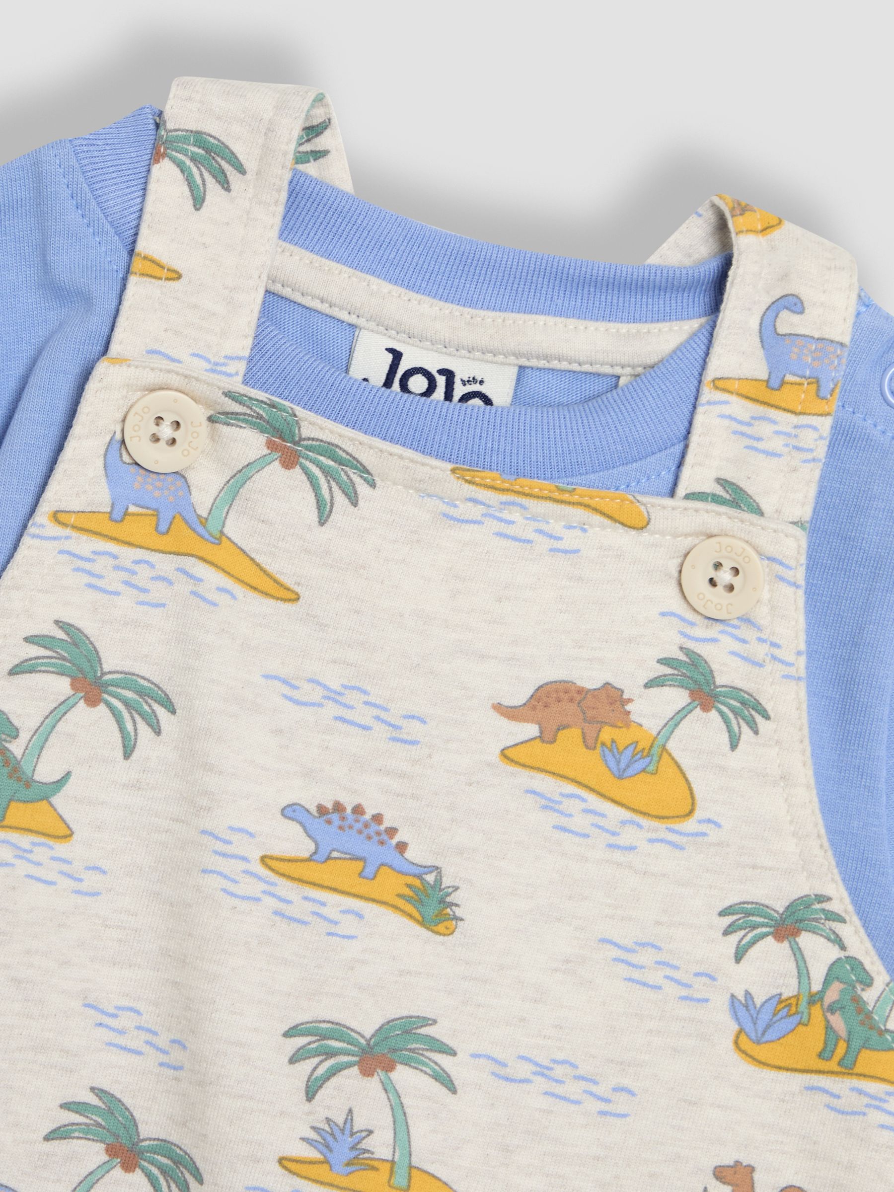 Natural 100% Cotton Dino Dungarees & T-Shirt Set with Hat 3 Piece - Image 7 of 8