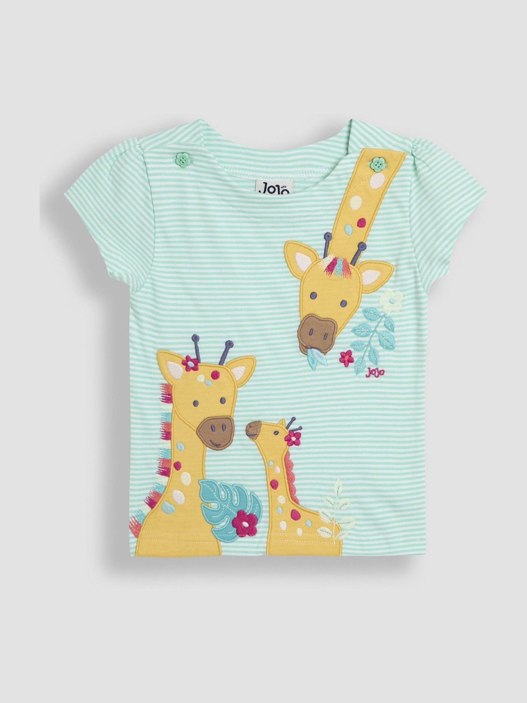 Mint Green Giraffe Print Appliqué 100% Cotton T-Shirt - Image 1 of 3