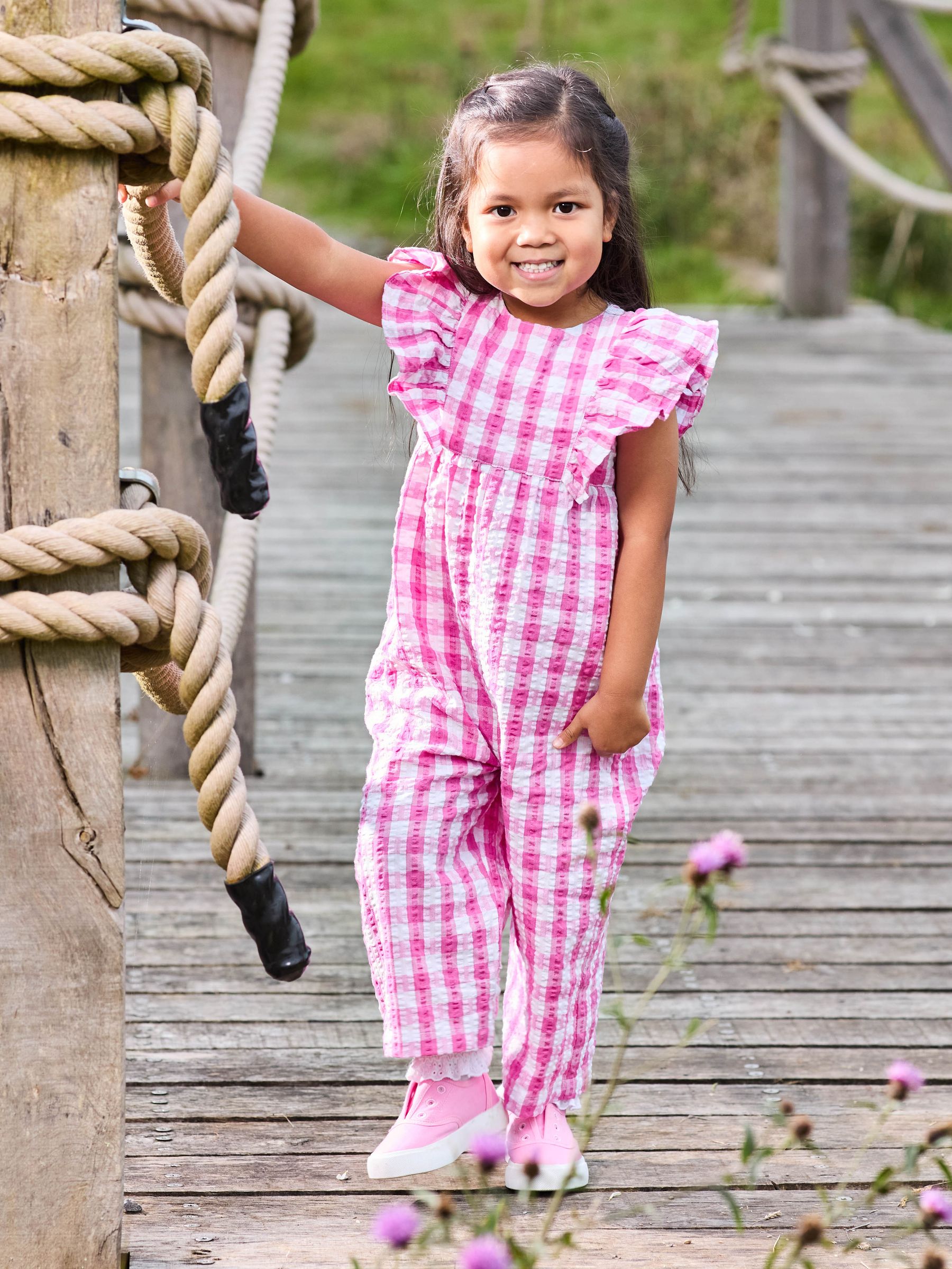 Fuchsia Pink Gingham Frill Shoulder Jumpsuit | JoJo Maman Bébé USA