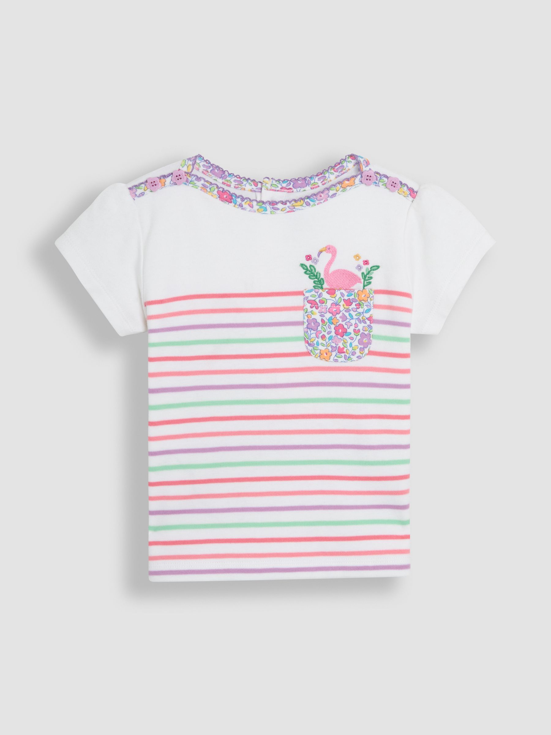 Coral Pink Flamingo Appliqué Pocket Breton T-Shirt - Image 1 of 3