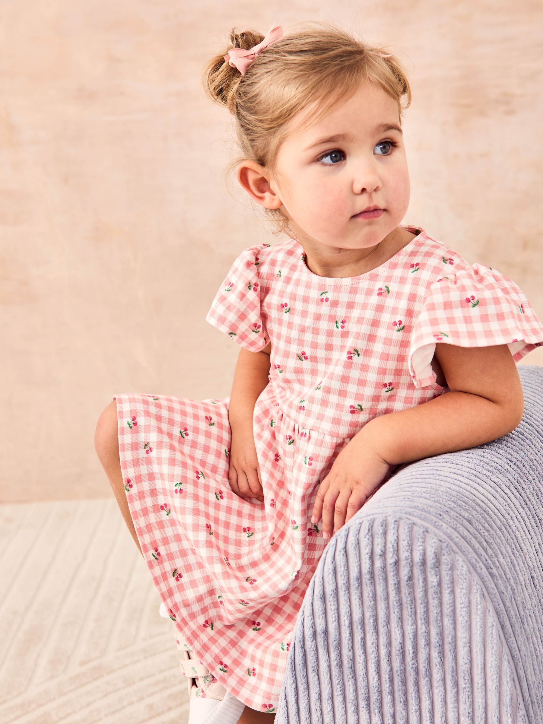 Pink Cherry Gingham Flutter Sleeve 100% Cotton Dress | JoJo Maman 