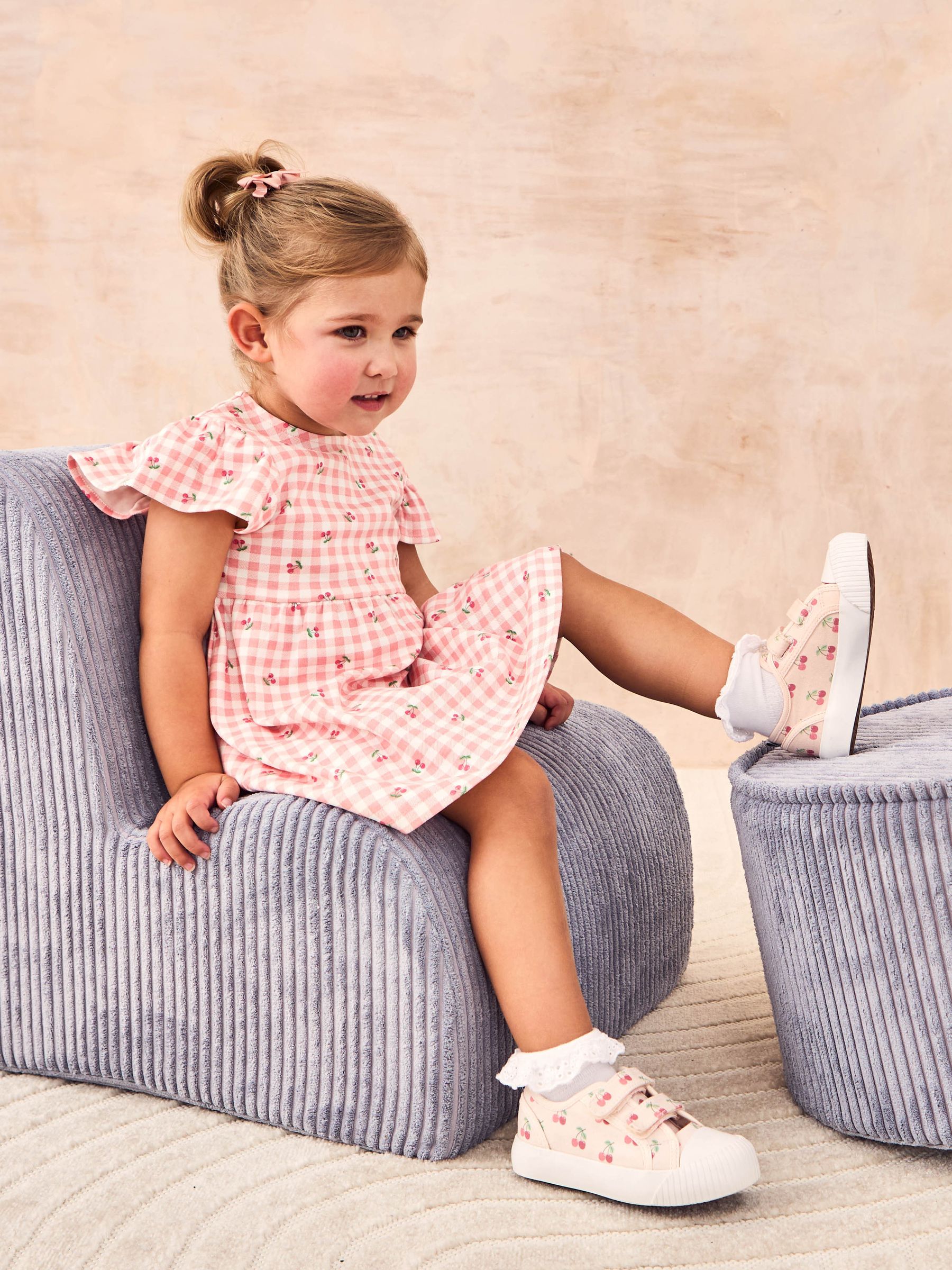 Pink Cherry Gingham Flutter Sleeve 100% Cotton Dress - Image 2 of 6