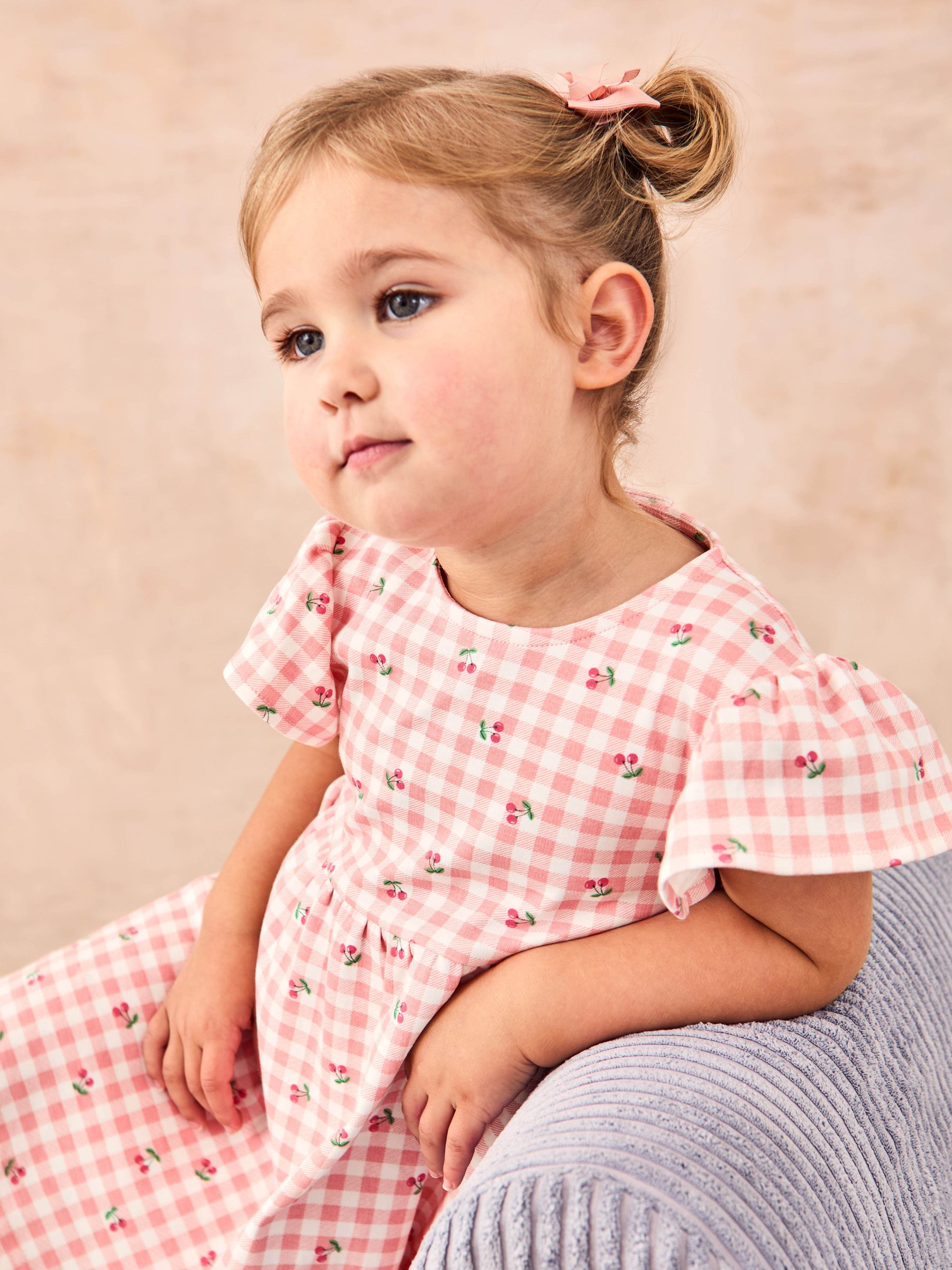 Pink Cherry Gingham Flutter Sleeve 100% Cotton Dress - Image 3 of 6