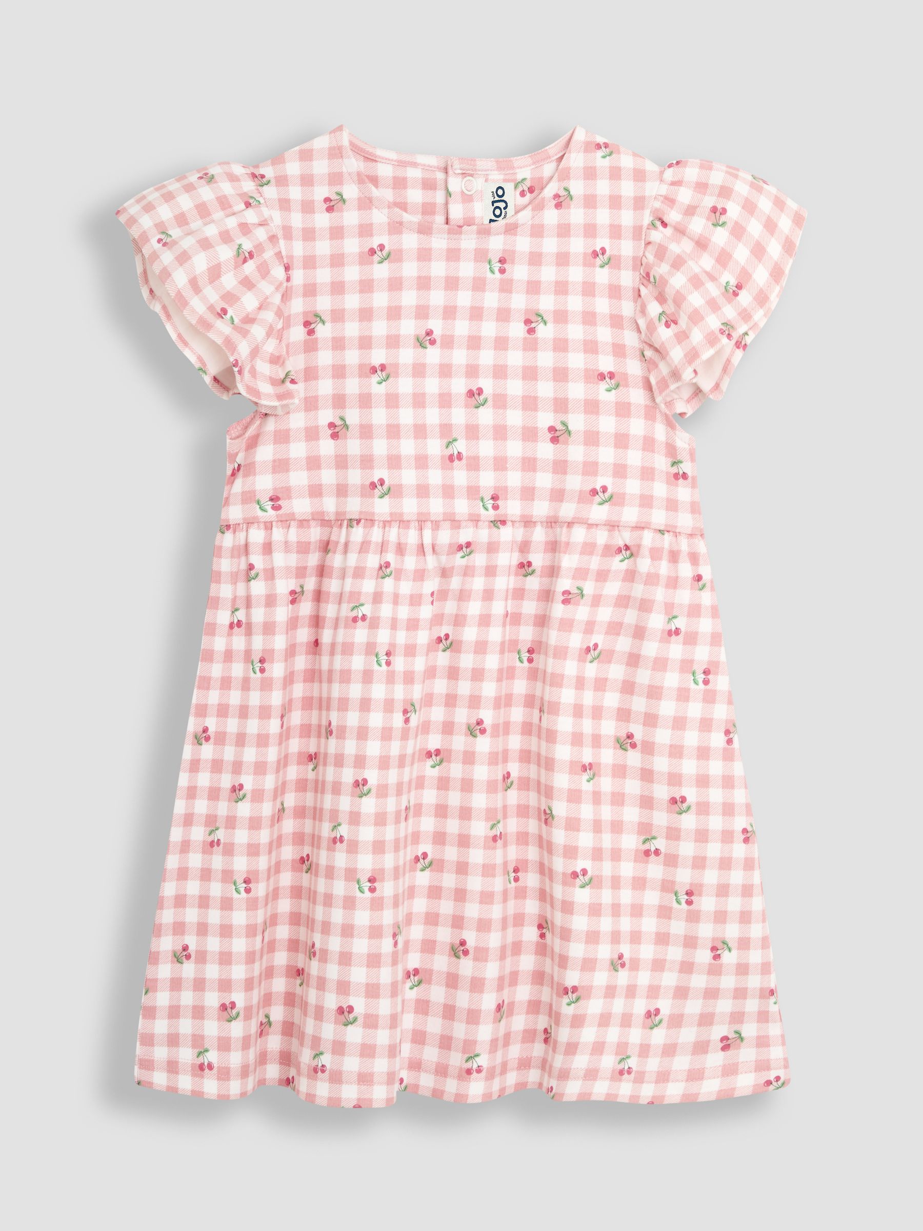 Pink Cherry Gingham Flutter Sleeve 100% Cotton Dress - Image 4 of 6