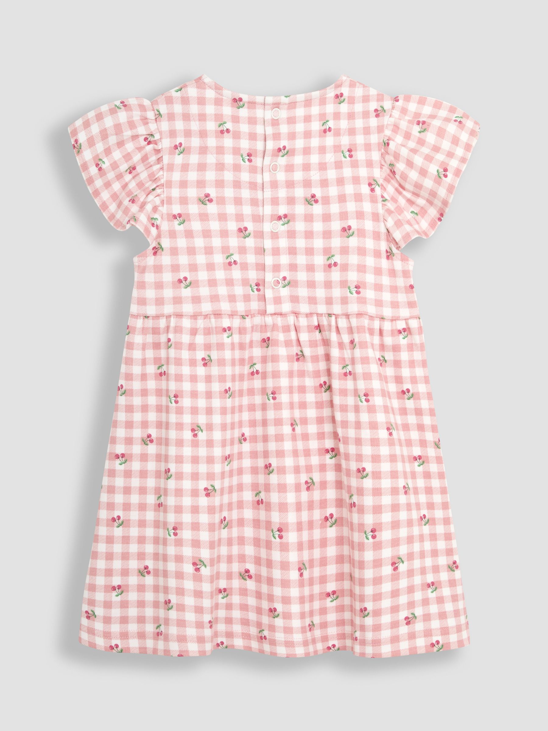 Pink Cherry Gingham Flutter Sleeve 100% Cotton Dress - Image 5 of 6