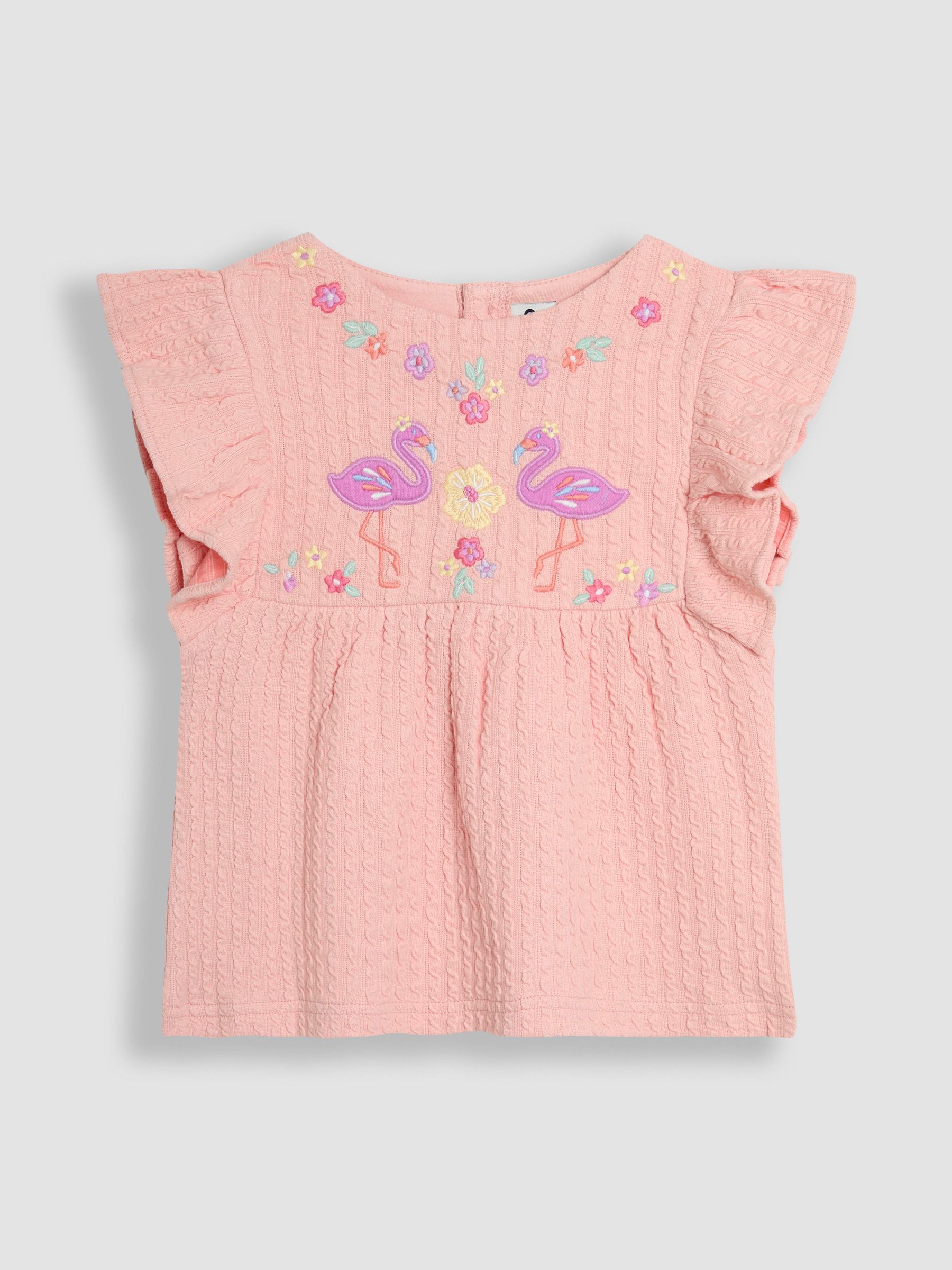 Coral Pink Flamingo Appliqué Flutter Sleeve T-Shirt - Image 1 of 3