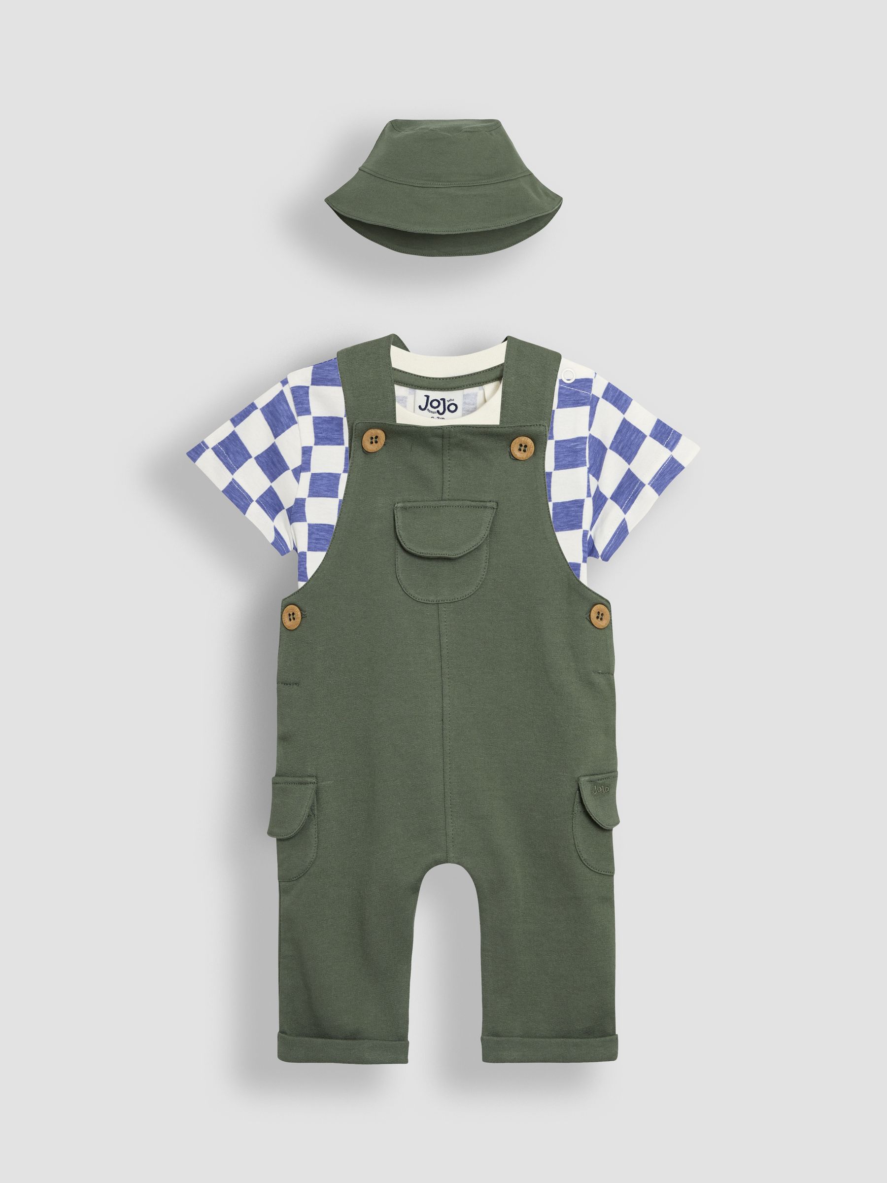 Khaki 3-Piece Cargo 100% Cotton Dungarees & T-Shirt Set with Hat - Image 1 of 7