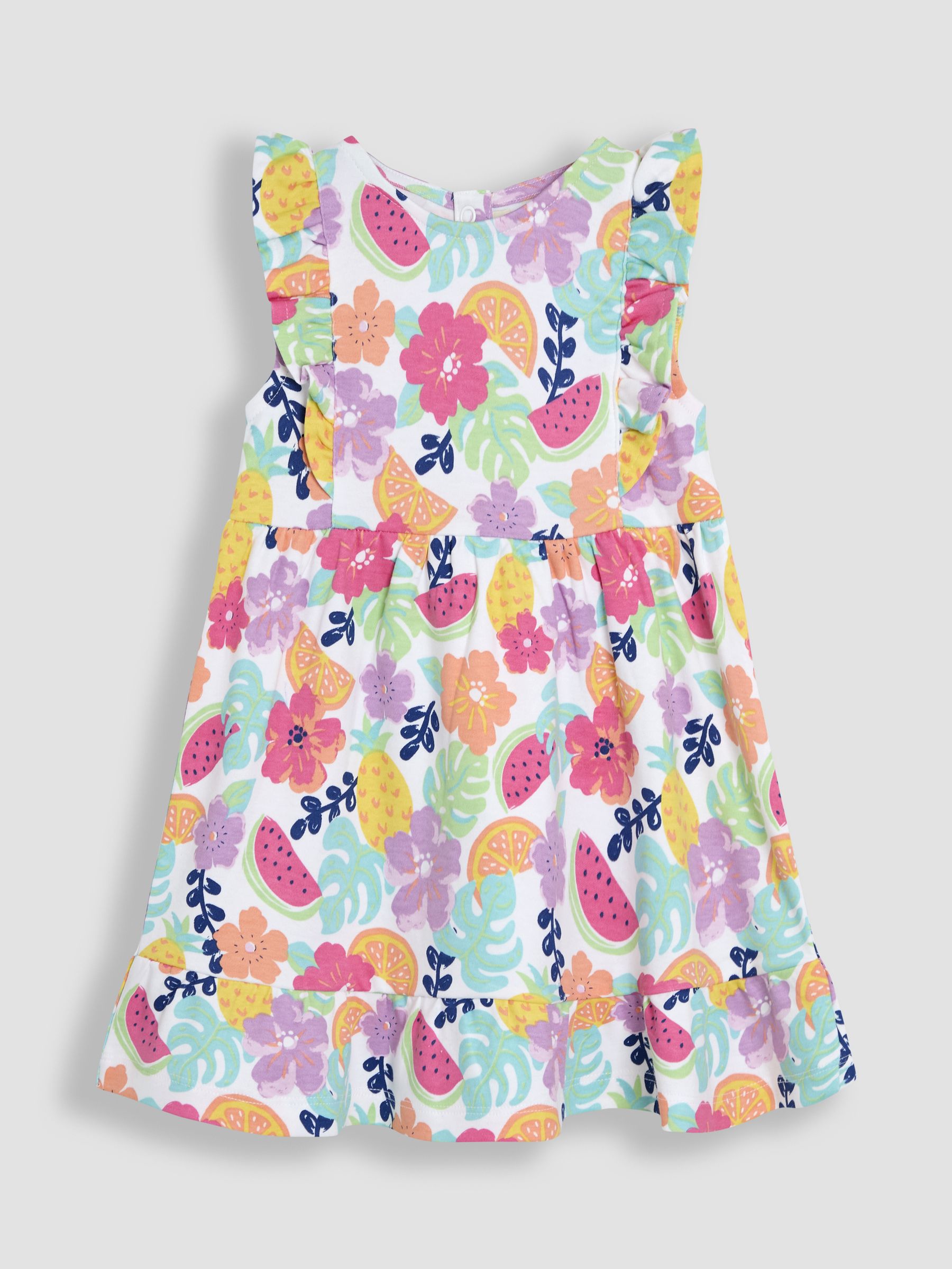 Coral Pink Jungle Floral Frill Shoulder Summer Dress - Image 1 of 3