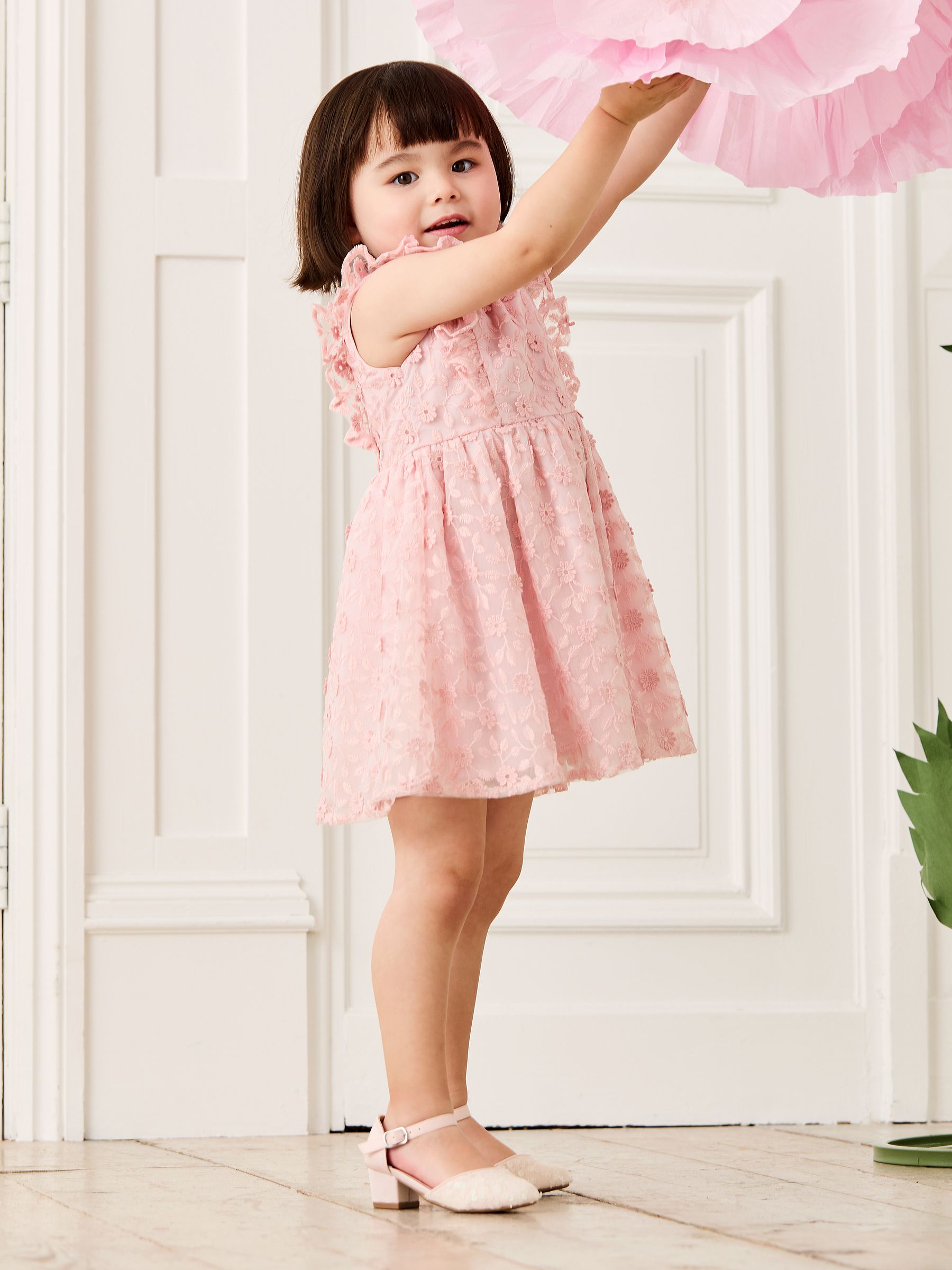 Pale Pink Embroidered Lace Frill Flower Print Girl Dress - Image 2 of 8