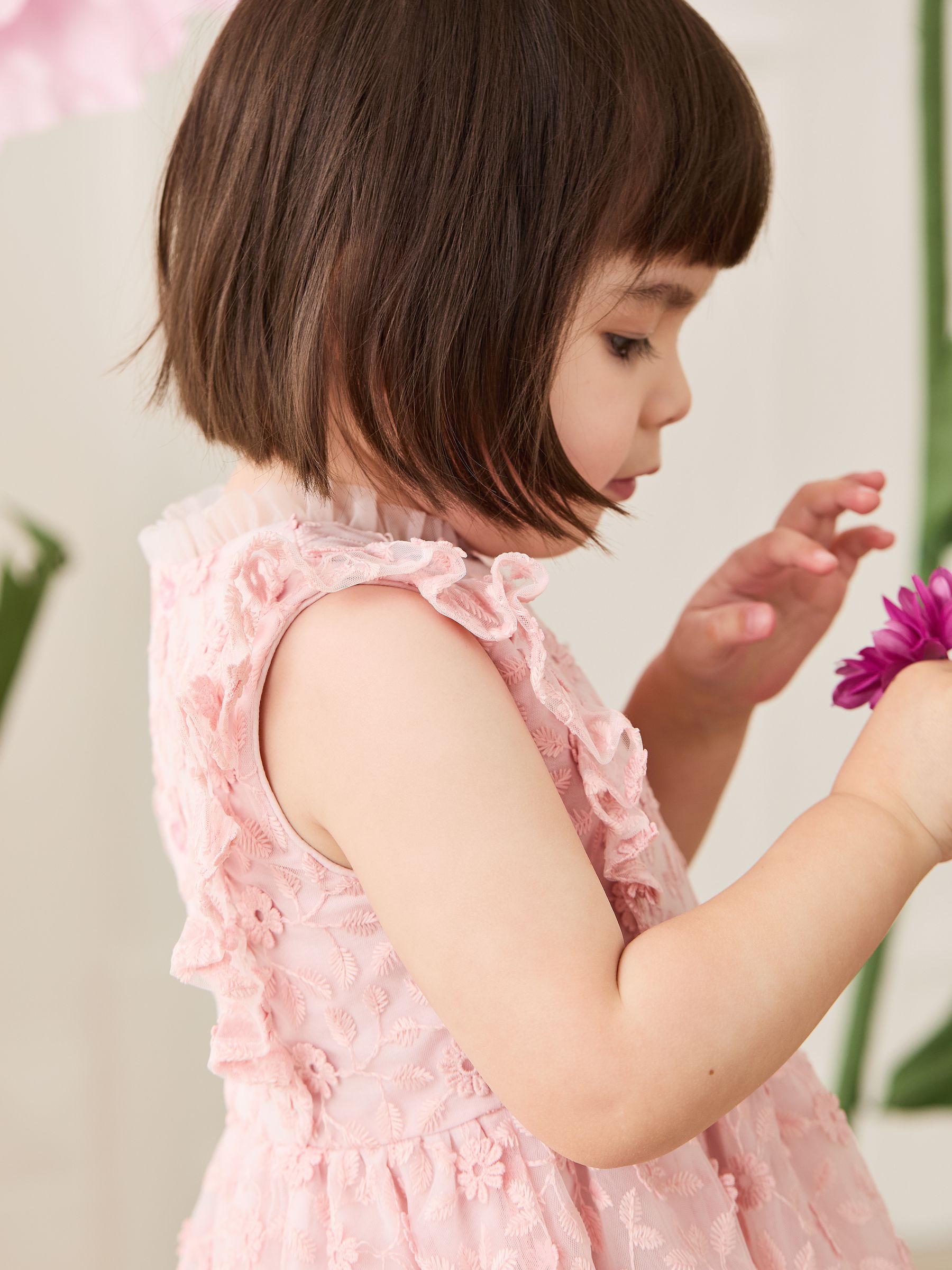 Pale Pink Embroidered Lace Frill Flower Print Girl Dress - Image 4 of 8