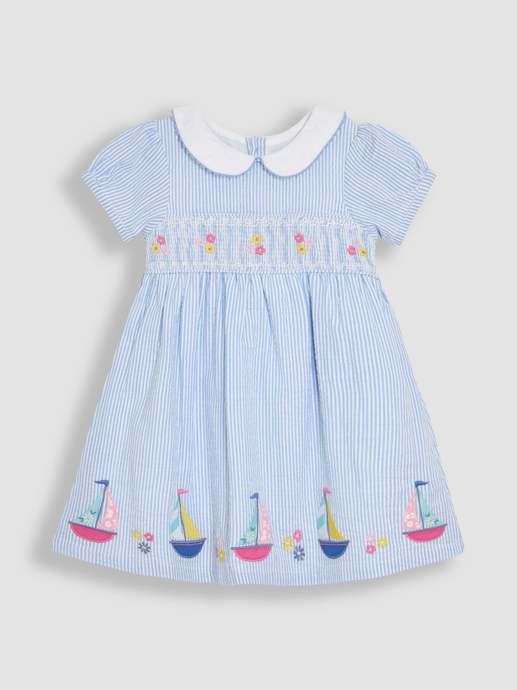 Blue Boat Seersucker Appliqu Smocked Dress | JoJo Maman Bb USA