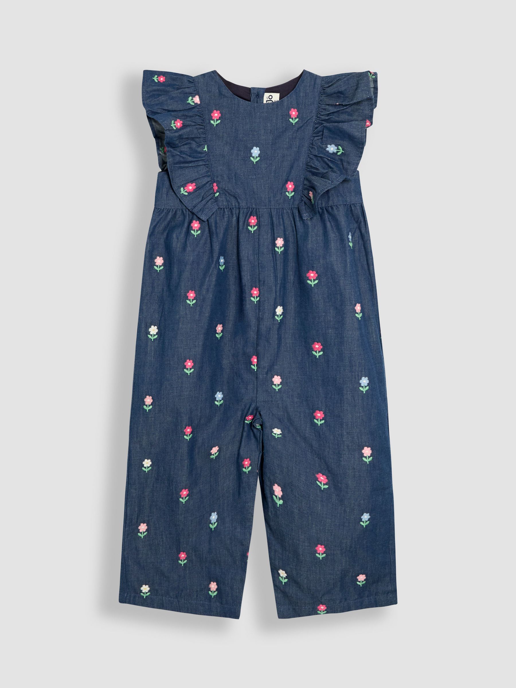 Chambray Blue Floral Embroidered Frill Shoulder Jumpsuit - Image 2 of 4