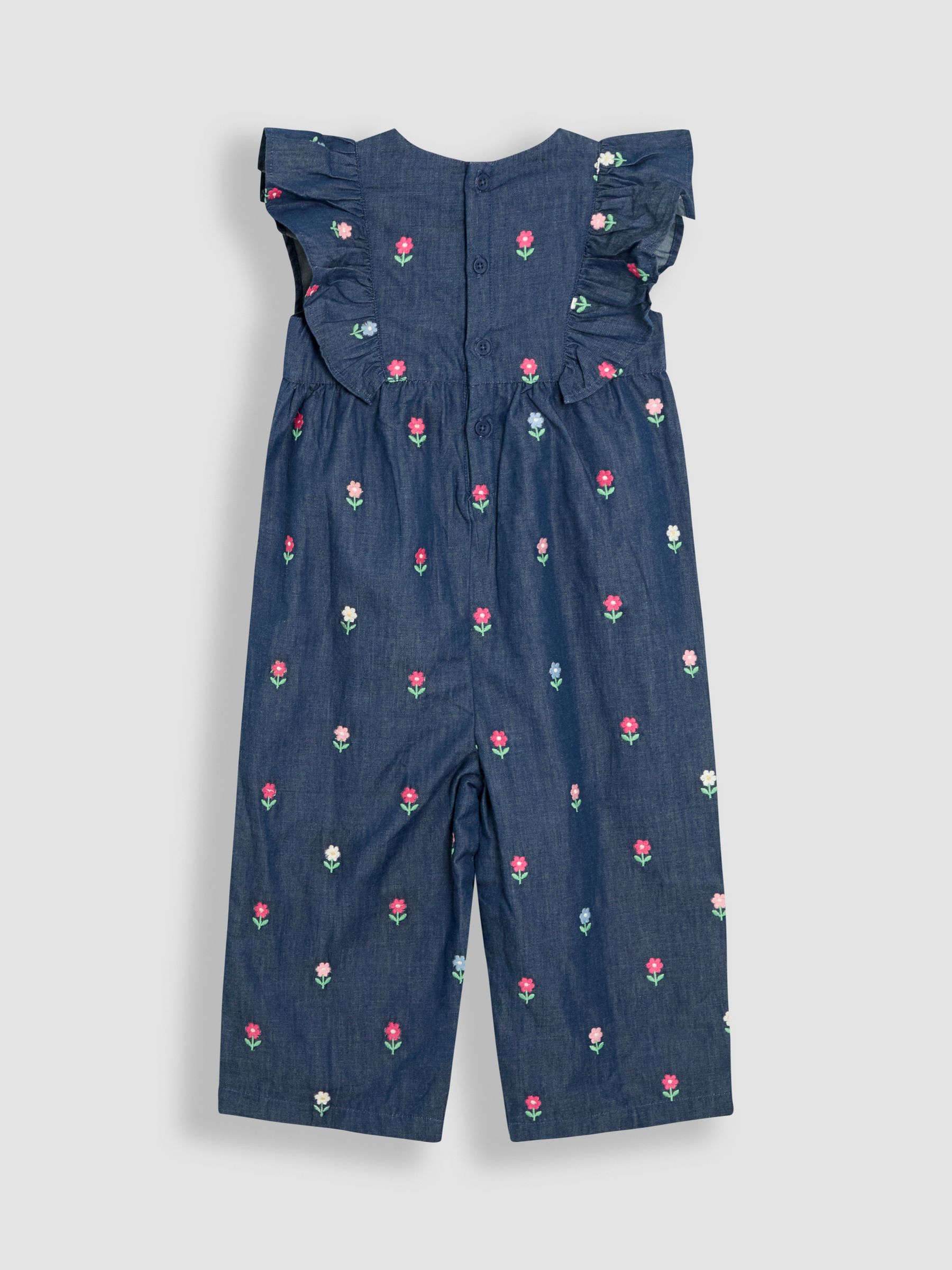 Chambray Blue Floral Embroidered Frill Shoulder Jumpsuit - Image 3 of 4
