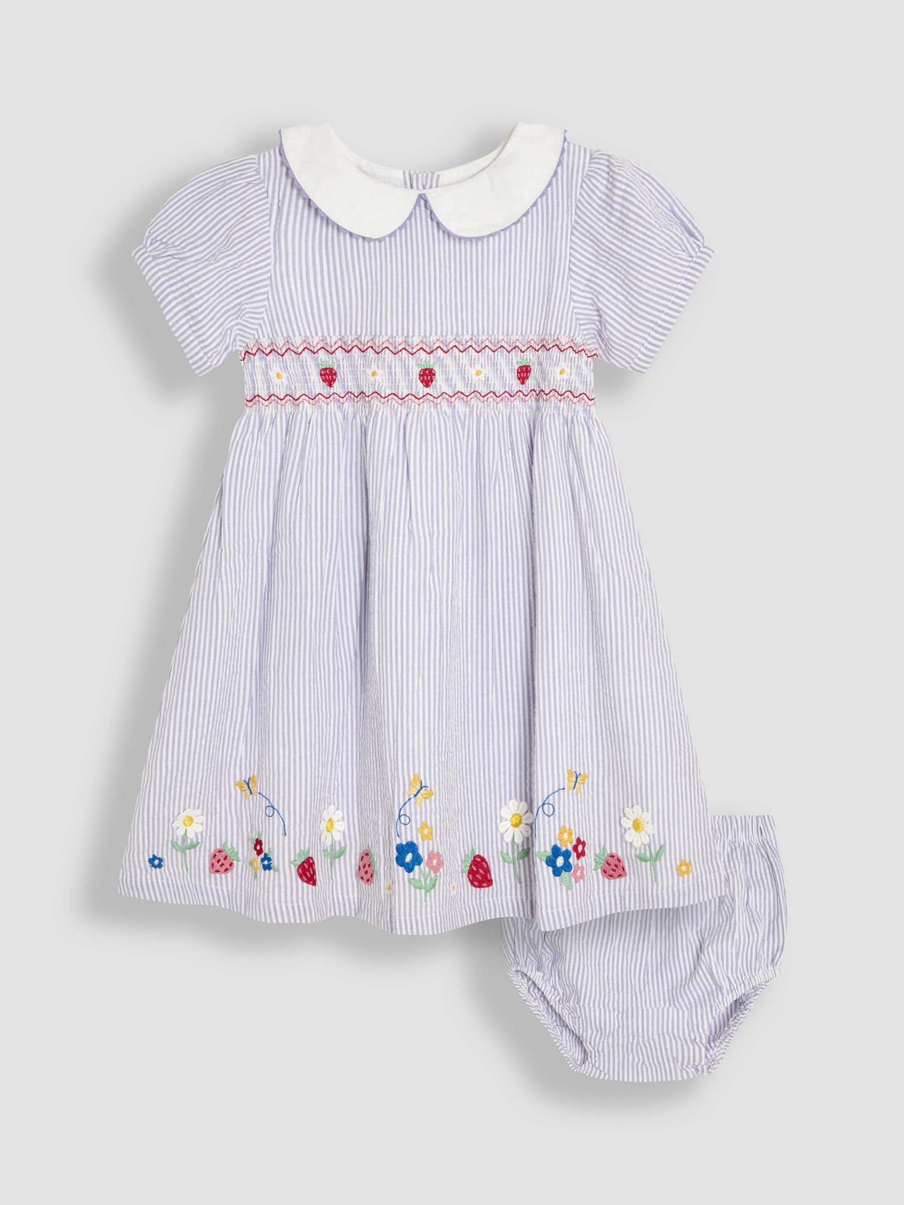 Lilac Purple Strawberry Seersucker Appliqué Smocked Dress - Image 1 of 5