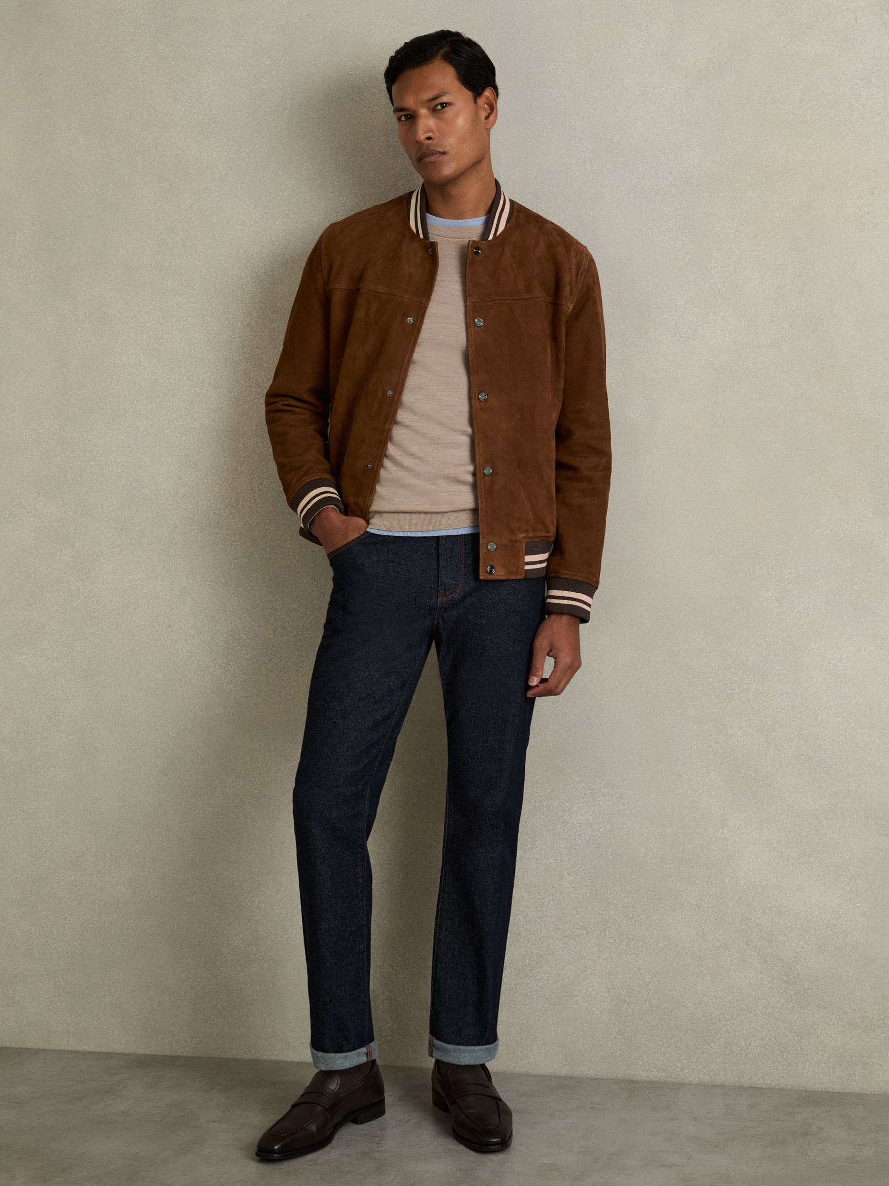 Suede Stripe-Trim Bomber Jacket in Terracotta - Image 1 of 7