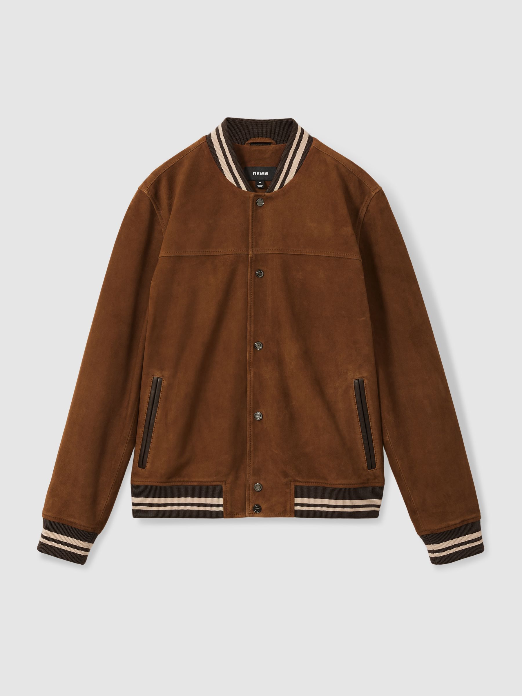 Suede Stripe-Trim Bomber Jacket in Terracotta - Image 2 of 7