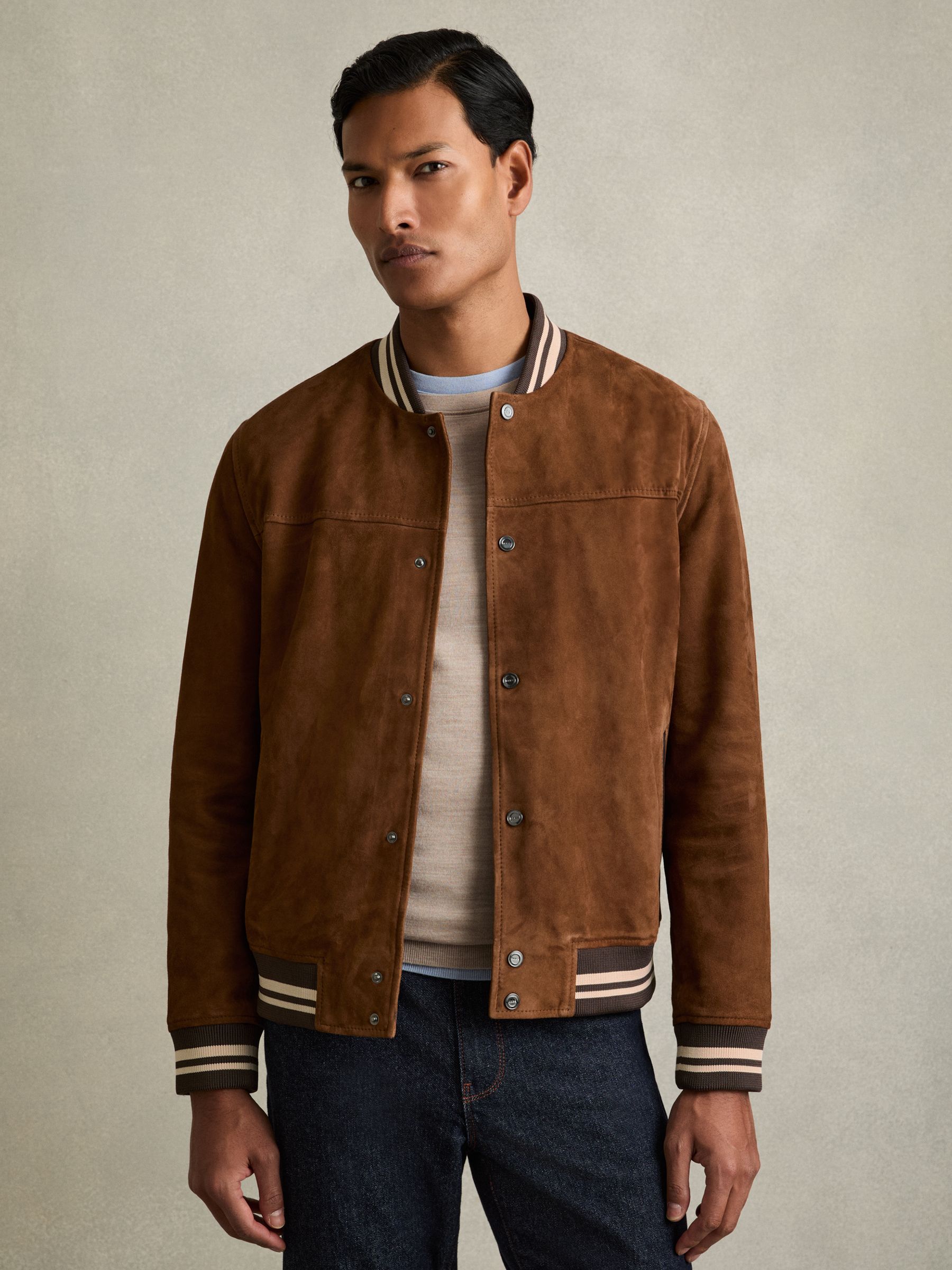 Suede Stripe-Trim Bomber Jacket in Terracotta - Image 3 of 7