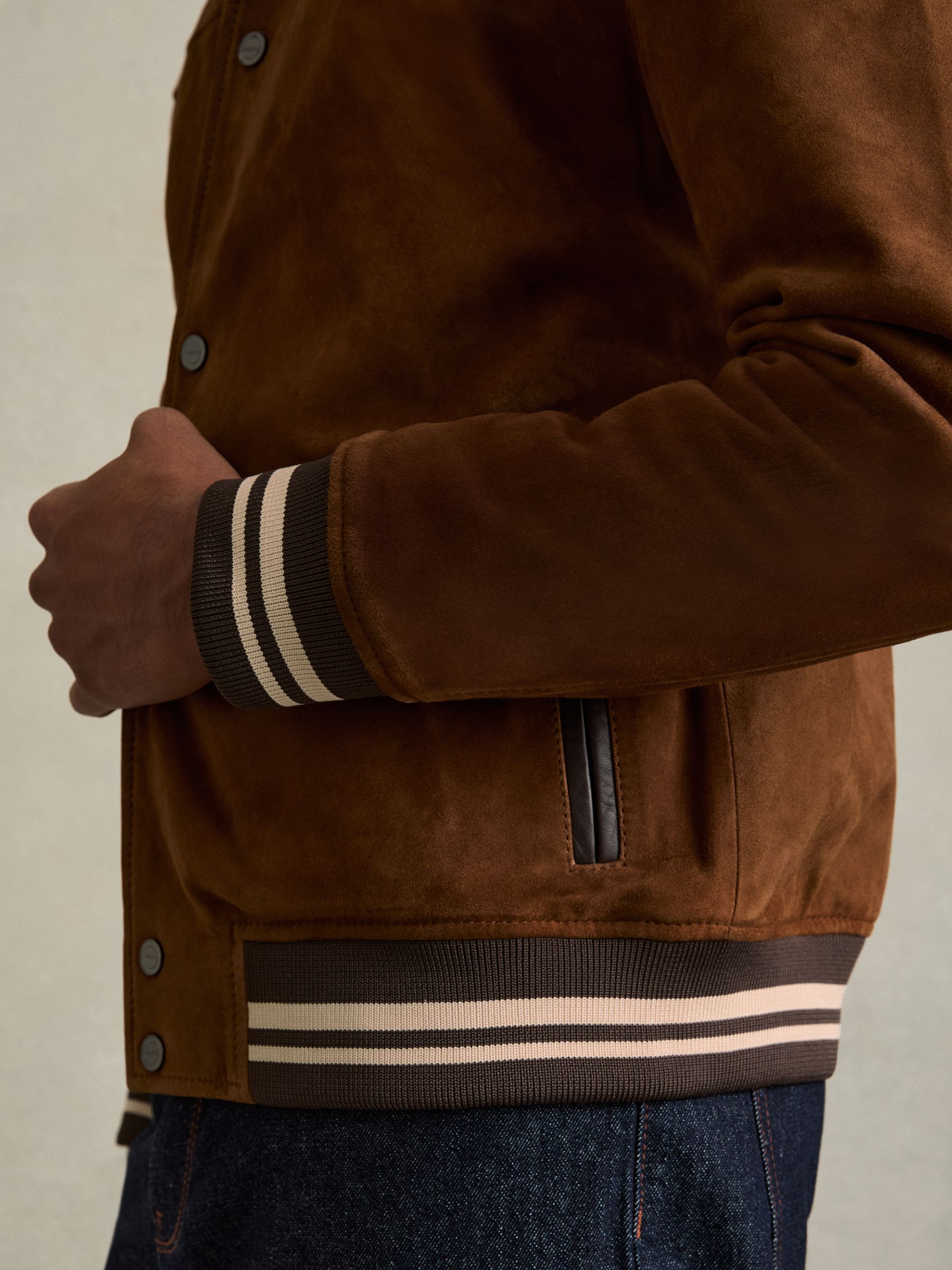 Suede Stripe-Trim Bomber Jacket in Terracotta - image 4