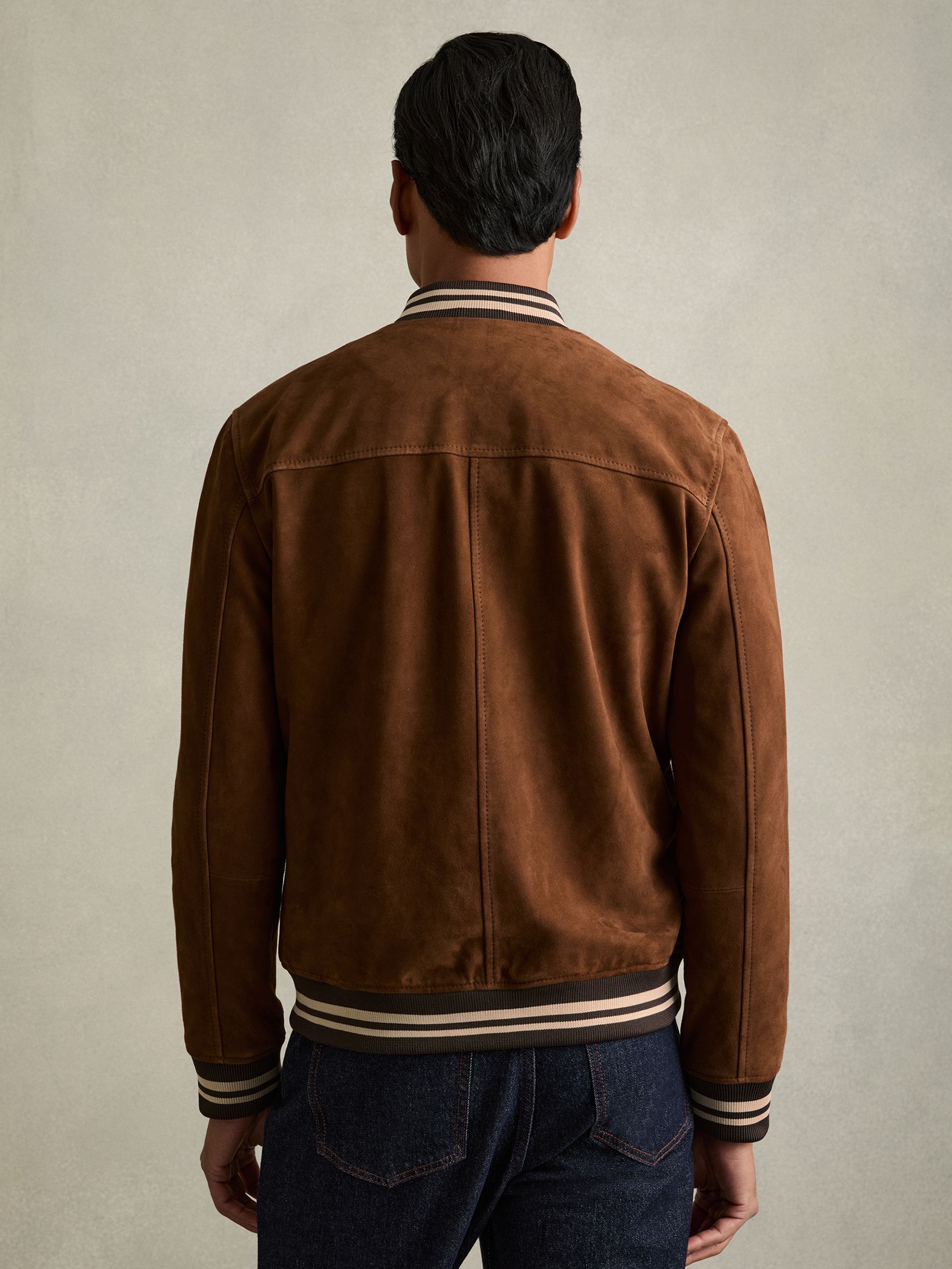 Suede Stripe-Trim Bomber Jacket in Terracotta - Image 5 of 7