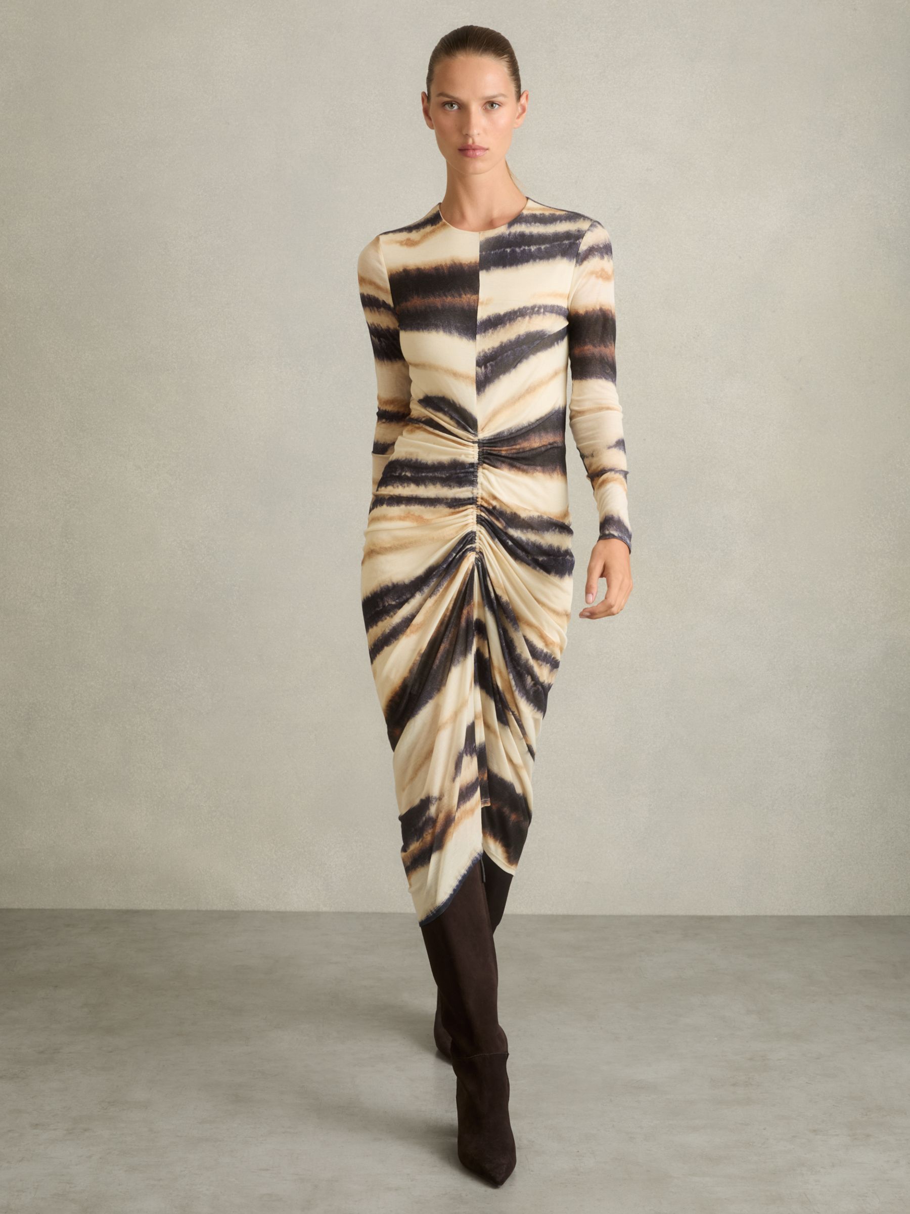 Jersey Ruched Printed Dress With Wool in Neutral/Navy - Image 1 of 5