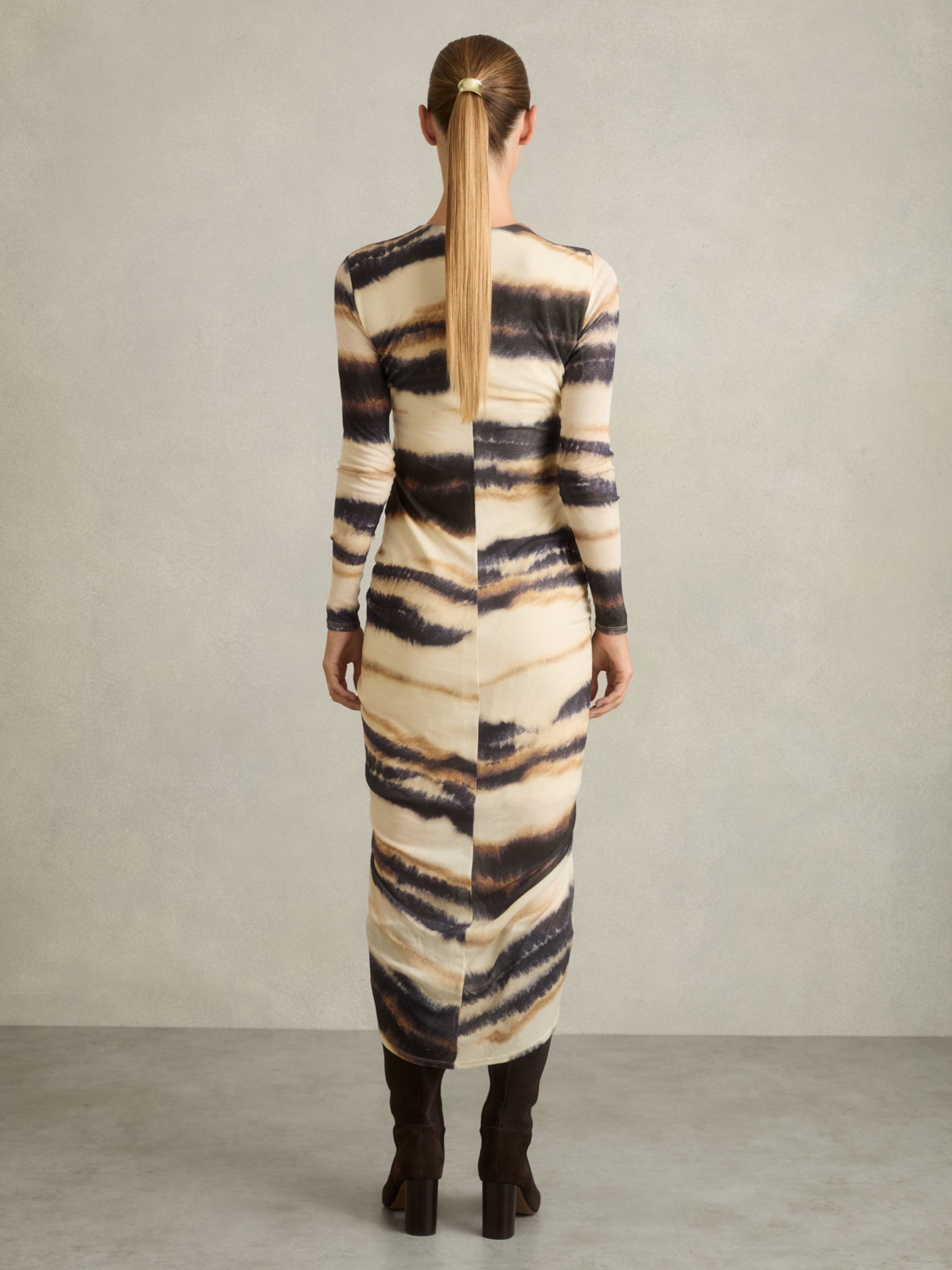 Jersey Ruched Printed Dress With Wool in Neutral/Navy - Image 4 of 5