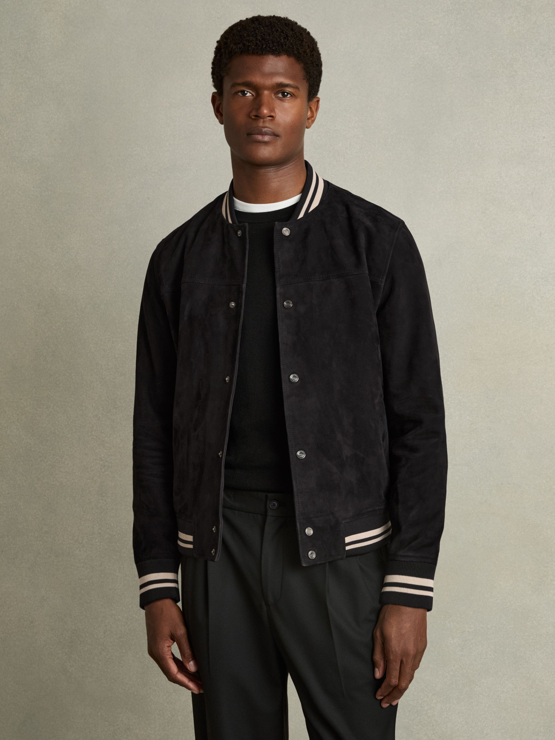 Suede Stripe-Trim Bomber Jacket in Navy - Image 3 of 7