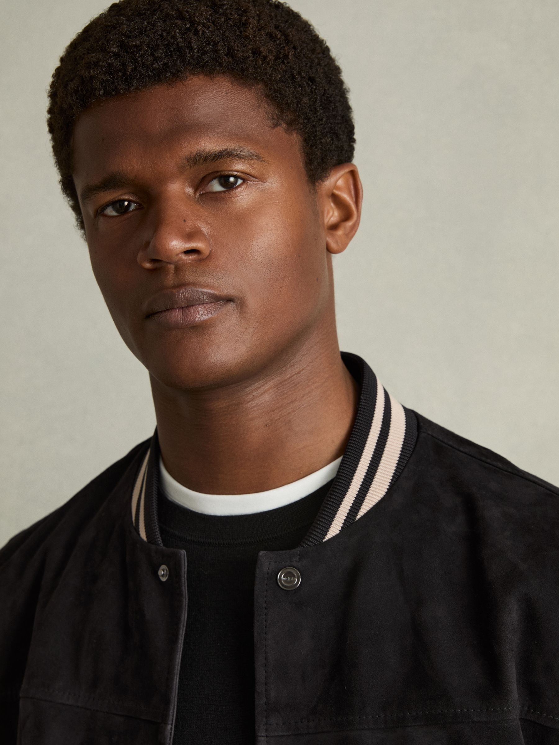 Suede Stripe-Trim Bomber Jacket in Navy - Image 4 of 7