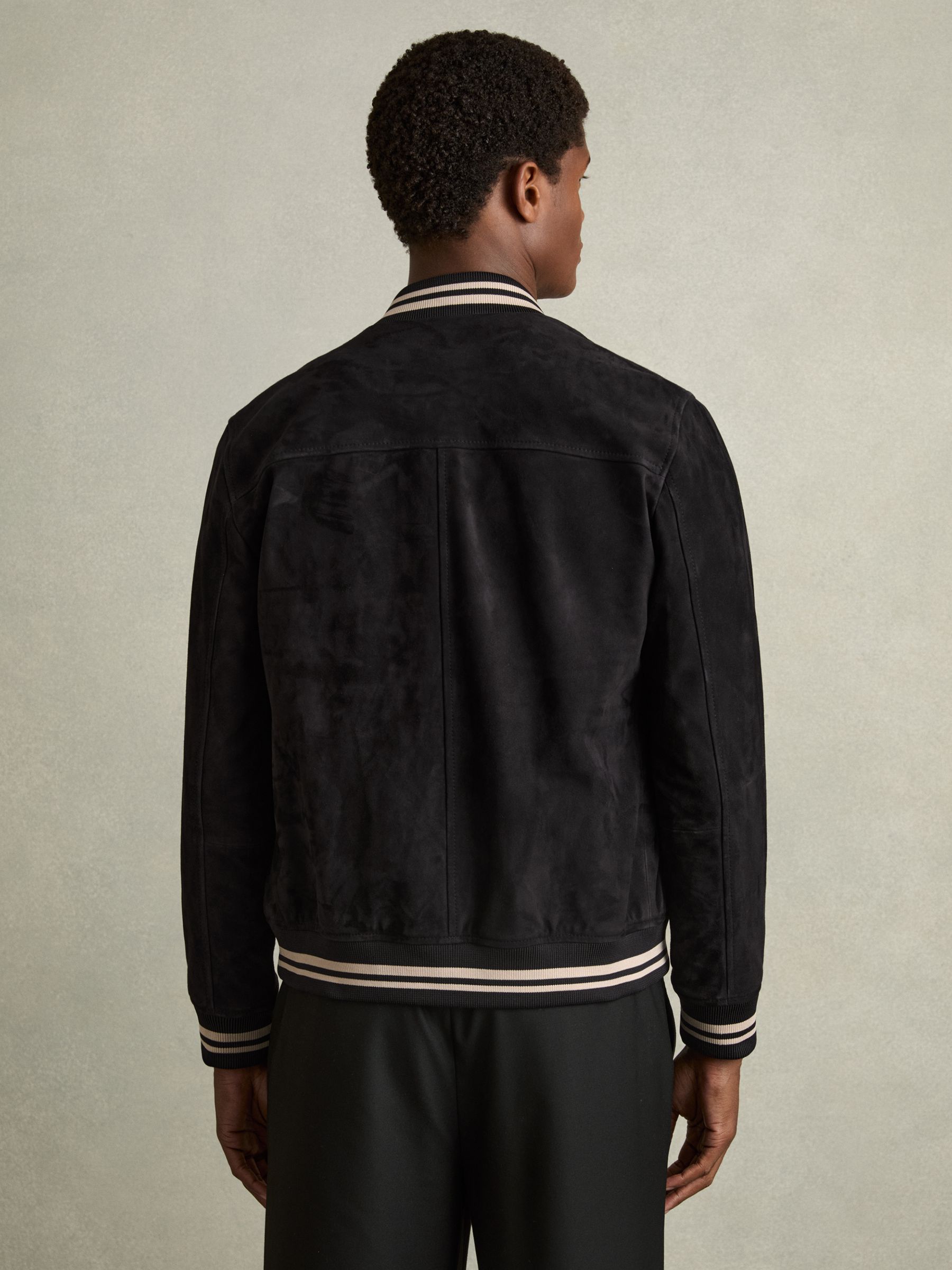 Suede Stripe-Trim Bomber Jacket in Navy - Image 5 of 7