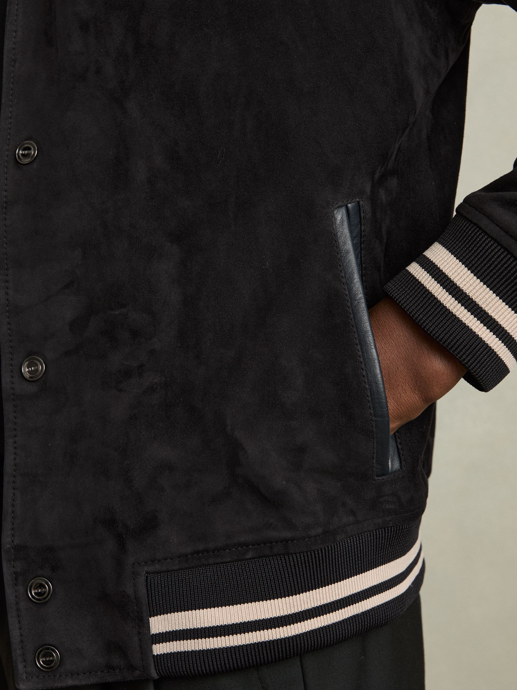 Suede Stripe-Trim Bomber Jacket in Navy - Image 6 of 7