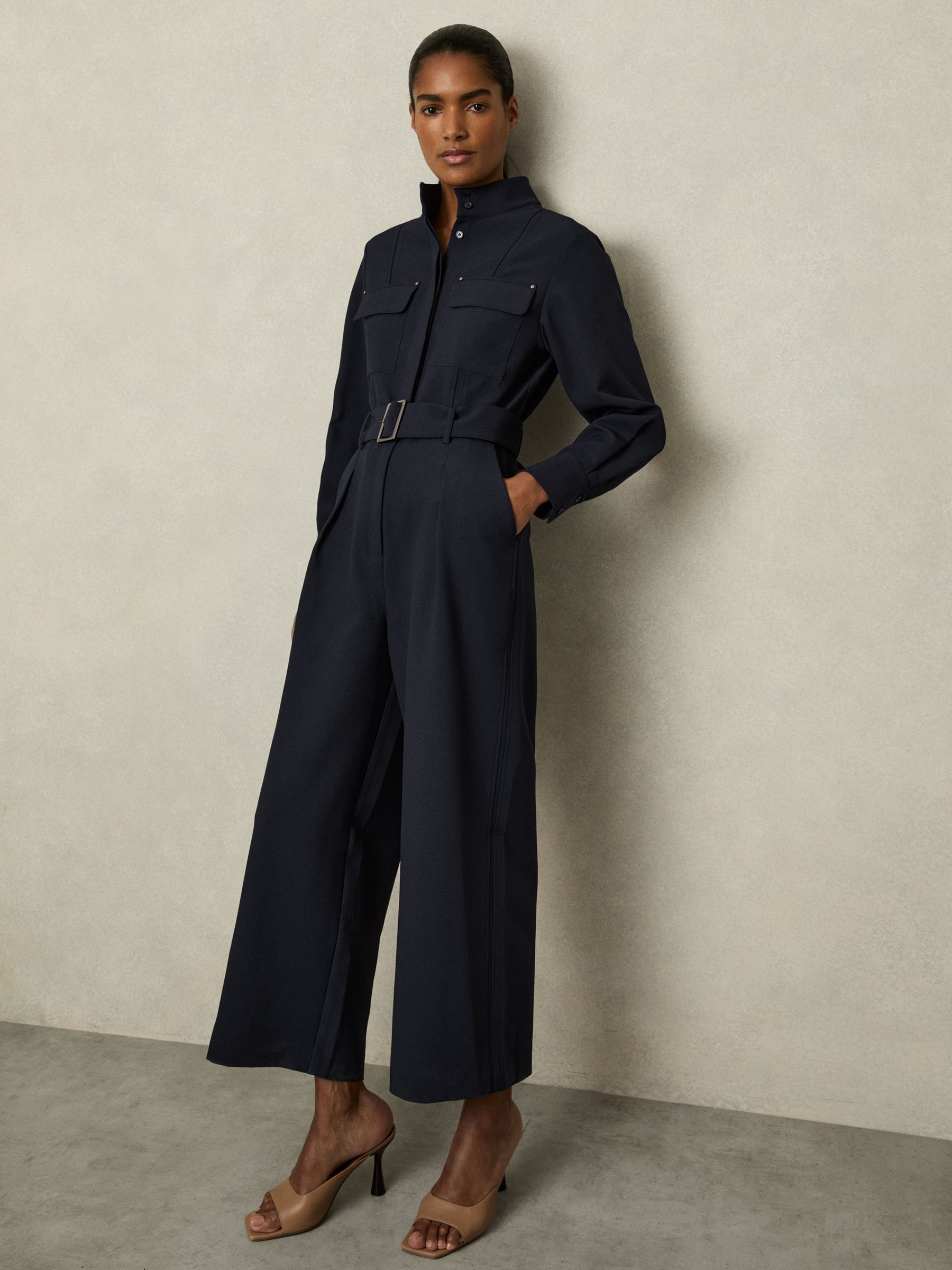 Tailored Wide Leg Utility Jumpsuit in Navy - Image 1 of 5