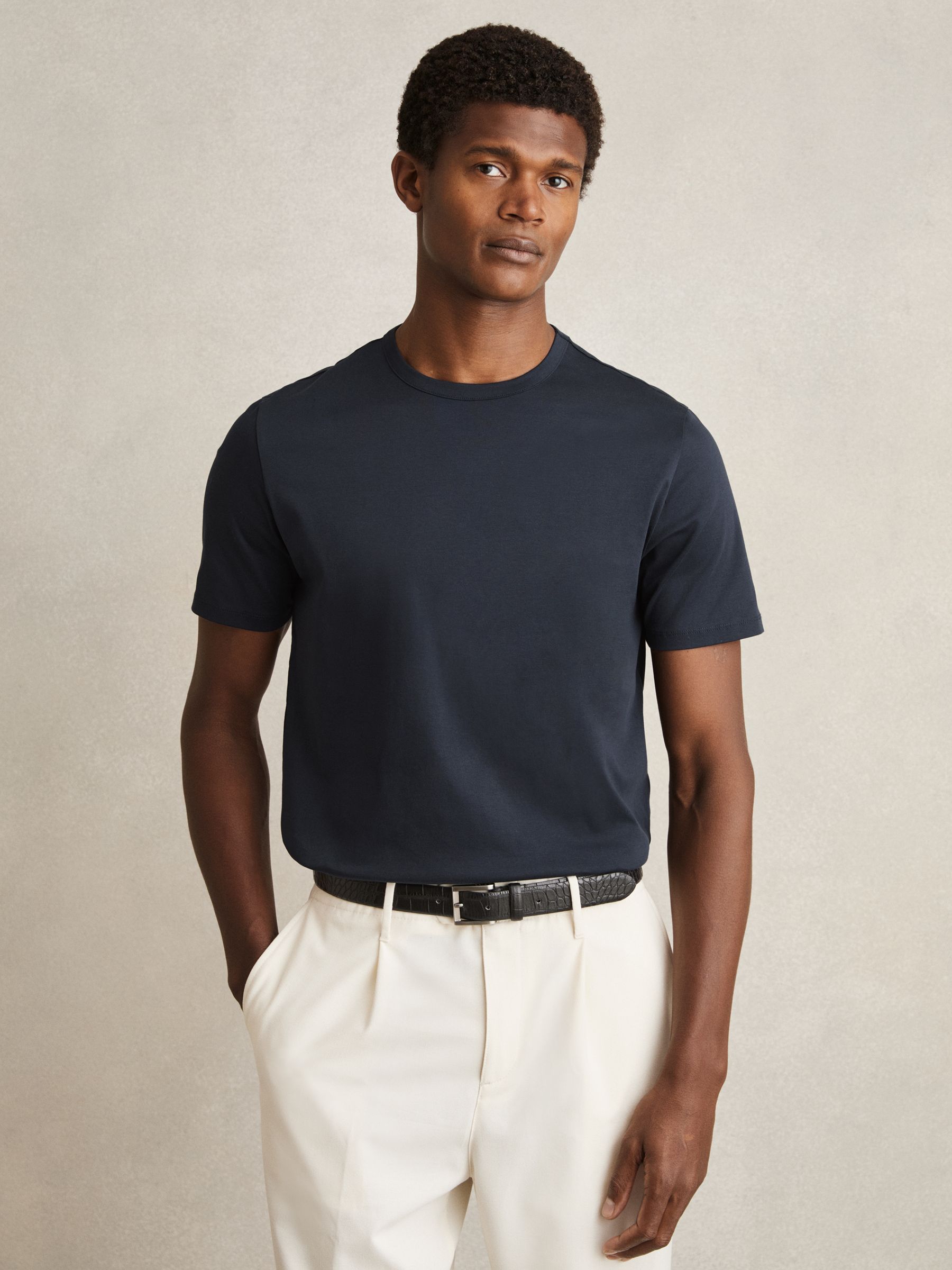Mercerised-Cotton Crew-Neck T-Shirt in Navy - Image 1 of 7