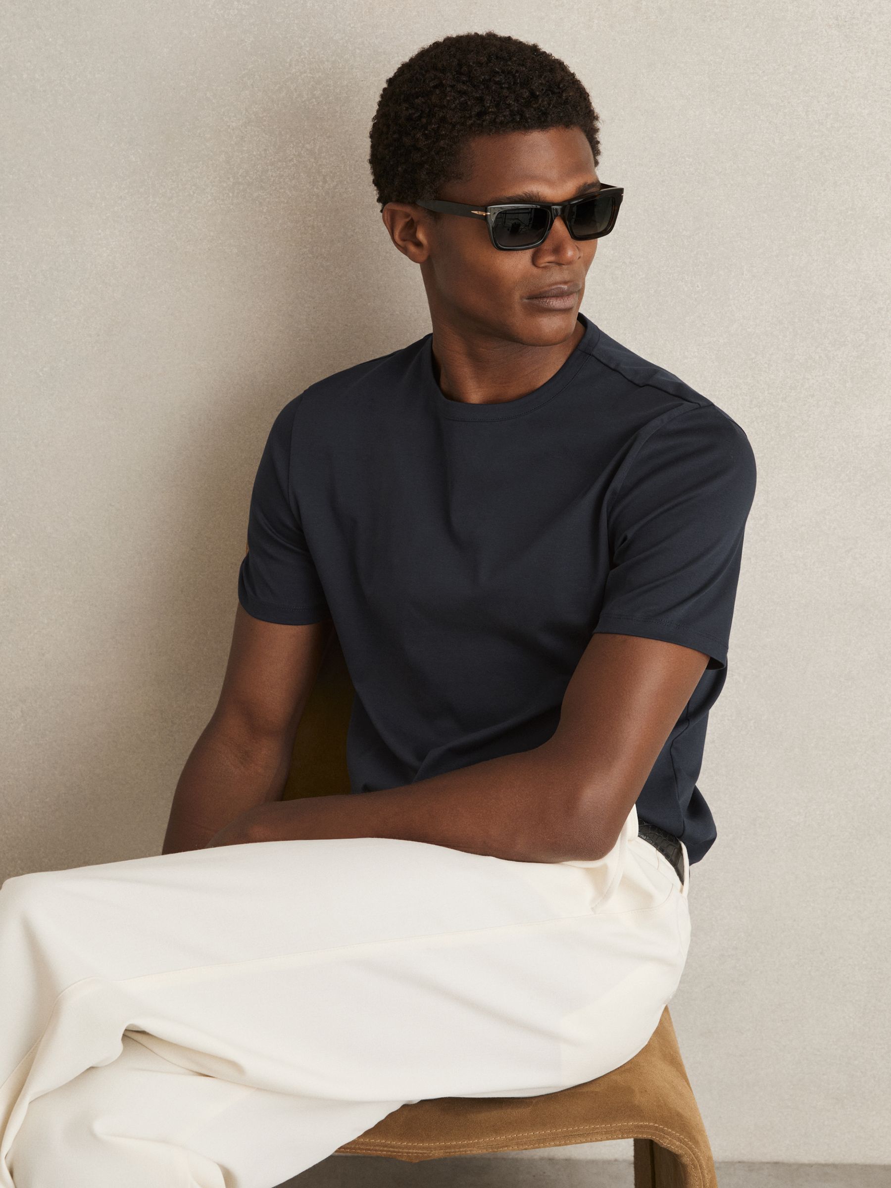 Mercerised-Cotton Crew-Neck T-Shirt in Navy - Image 6 of 7