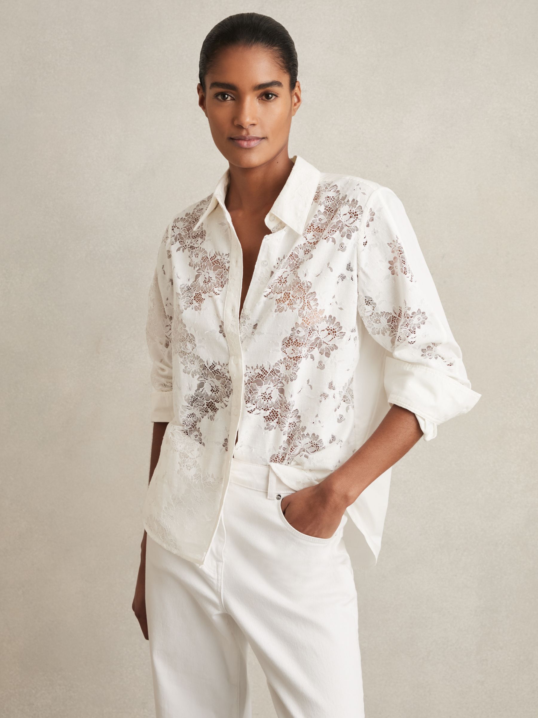 Reiss Lace-Front Shirt With Cotton in Ivory - REISS