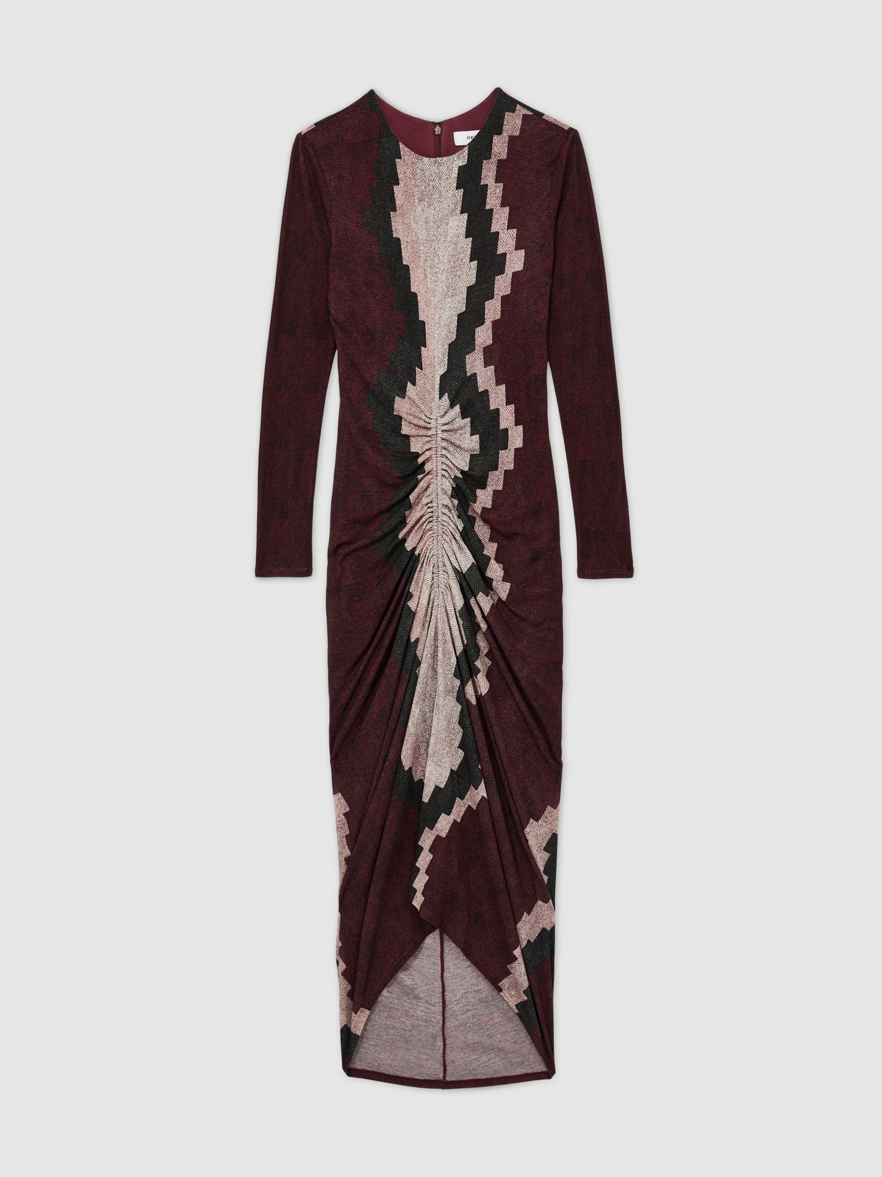 Jersey Ruched Printed Dress With Wool in Burgundy - Image 2 of 5