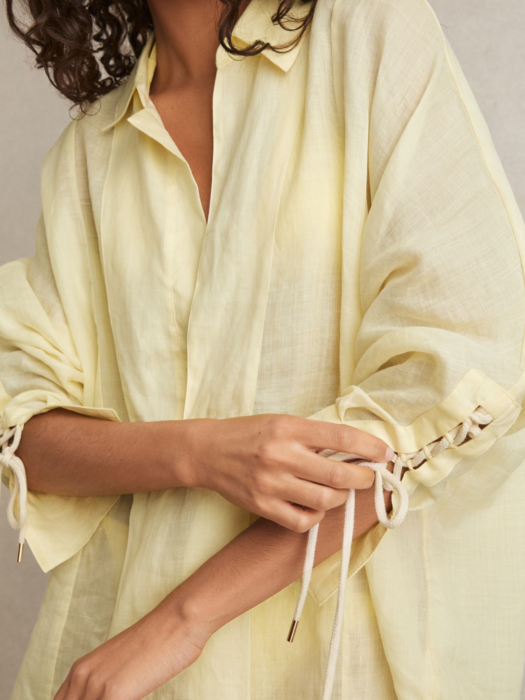 Ramie Open-Collar Kaftan Shirt in Yellow - Image 3 of 6
