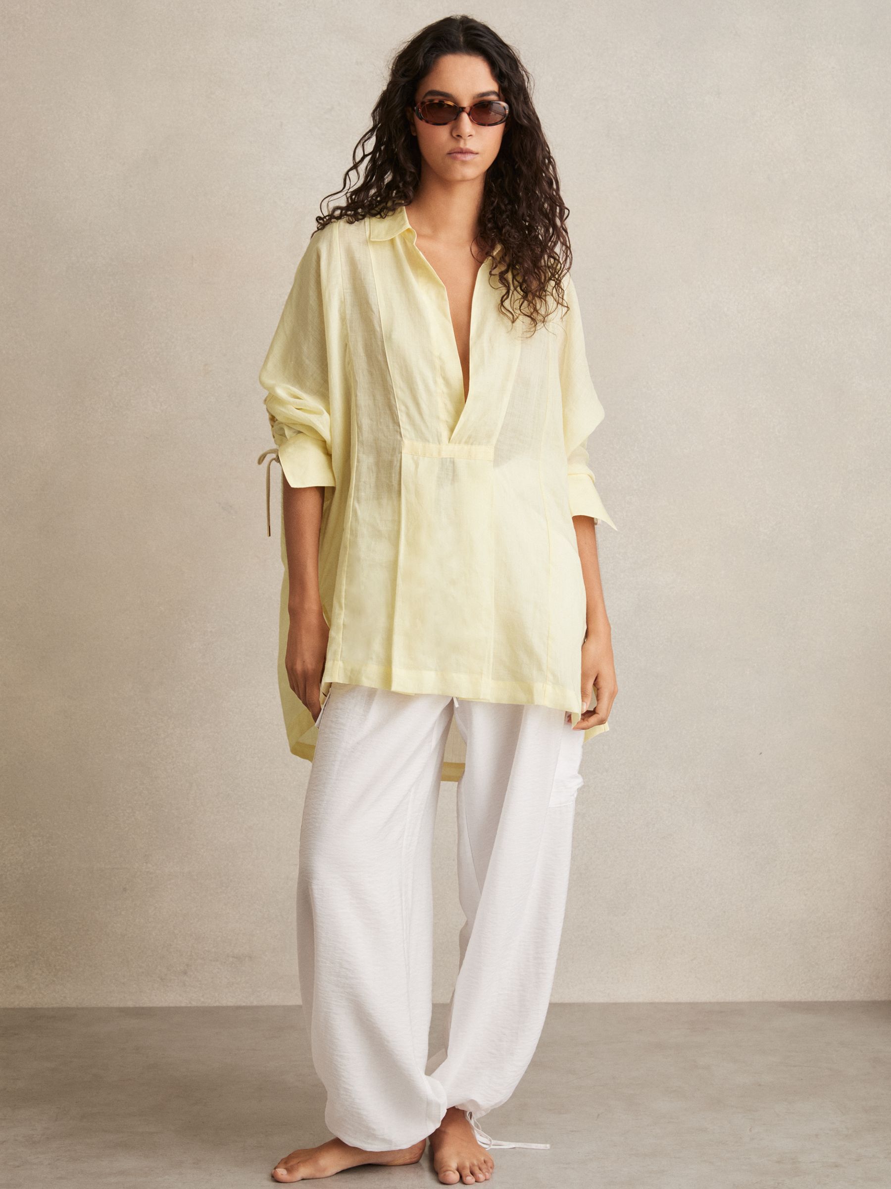 Ramie Open-Collar Kaftan Shirt in Yellow - Image 5 of 6